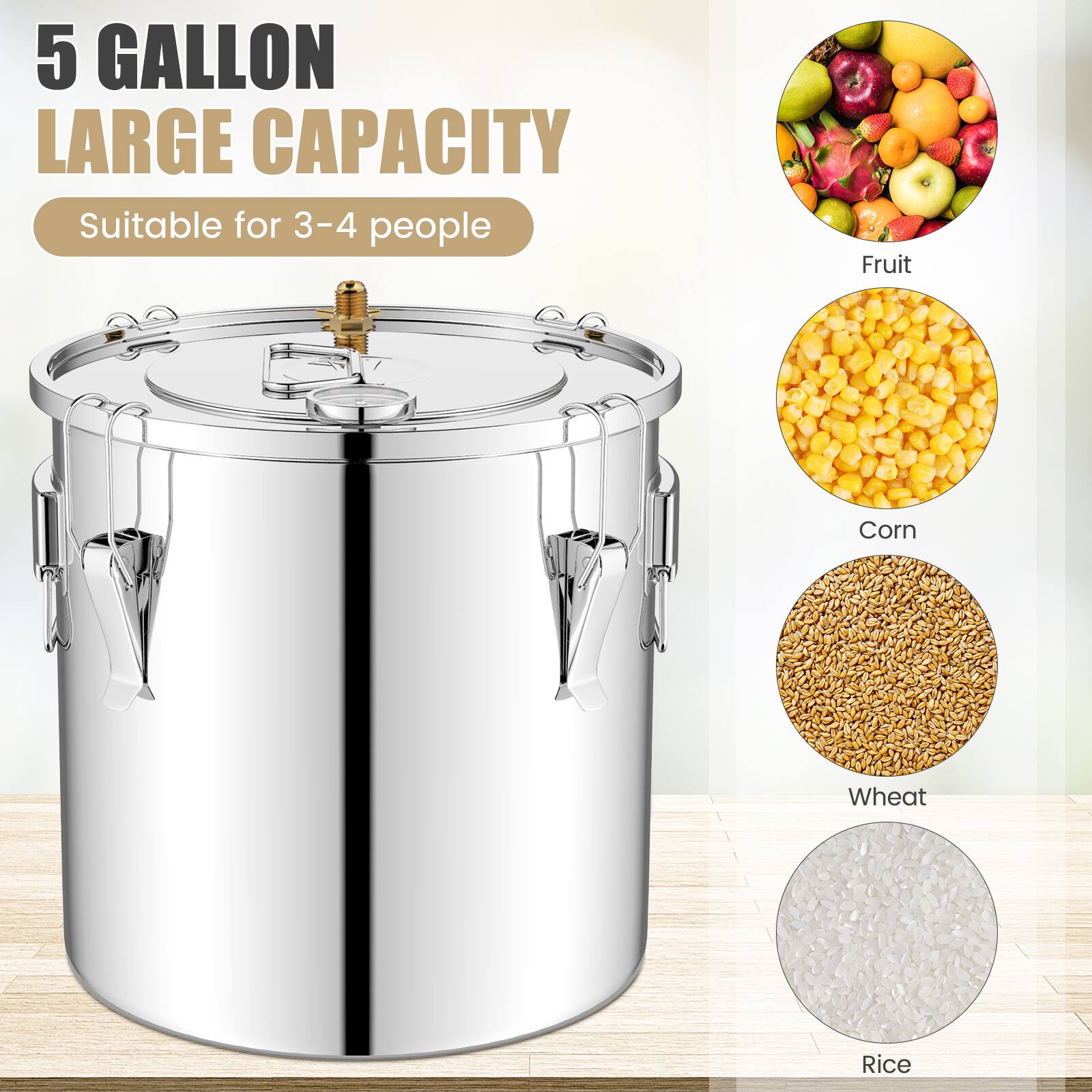 5 GALLON  
LARGE CAPACITY  
Suitable for 3-4 people  

Fruit  
Corn  
Wheat  
Rice