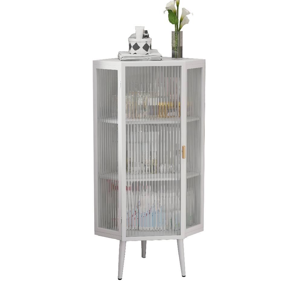 Alt View 6. Loheer - Loheer White Floor Corner Cabinet, Freestanding Metal Storage with Tempered Glass Doors for Bathroom - White.