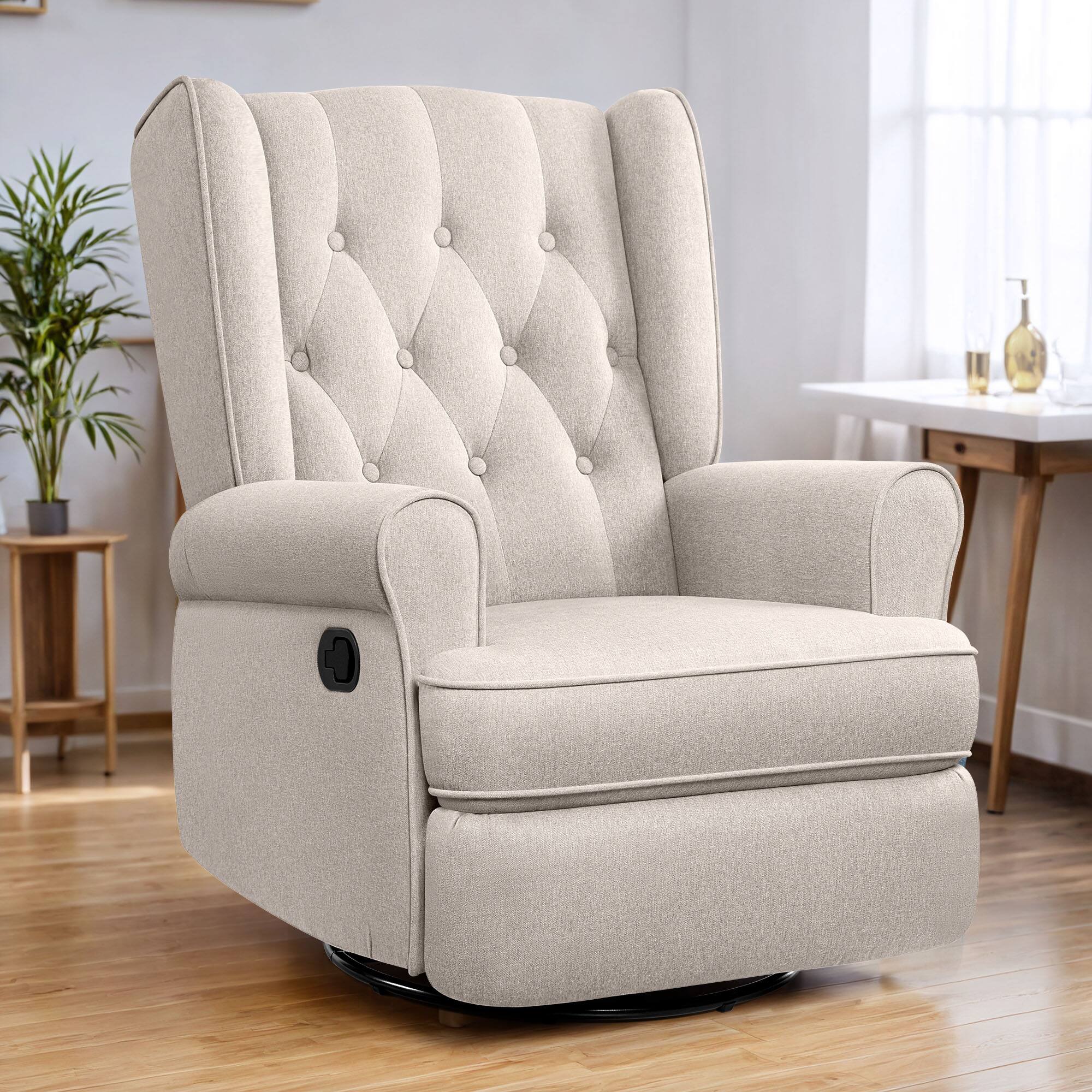 Brick Attic - Recliner Chair 360 Swivel Glider, Ergonomic Living Room Chair with Armrests and Decorative Buttons - Beige