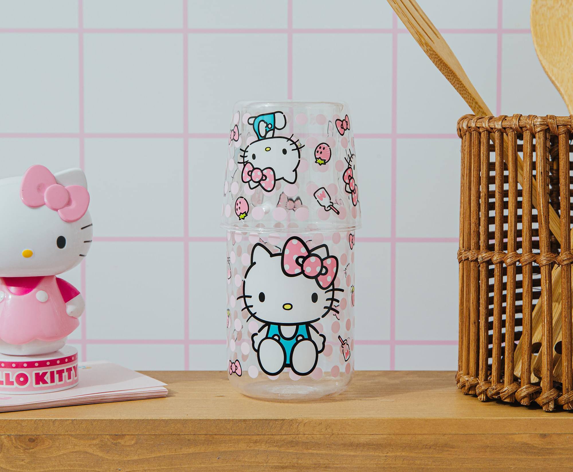 Alt View 3. Silver Buffalo - Sanrio Hello Kitty Pink Dots 18-Ounce Glass Pitcher and 8-Ounce Cup - Clear.