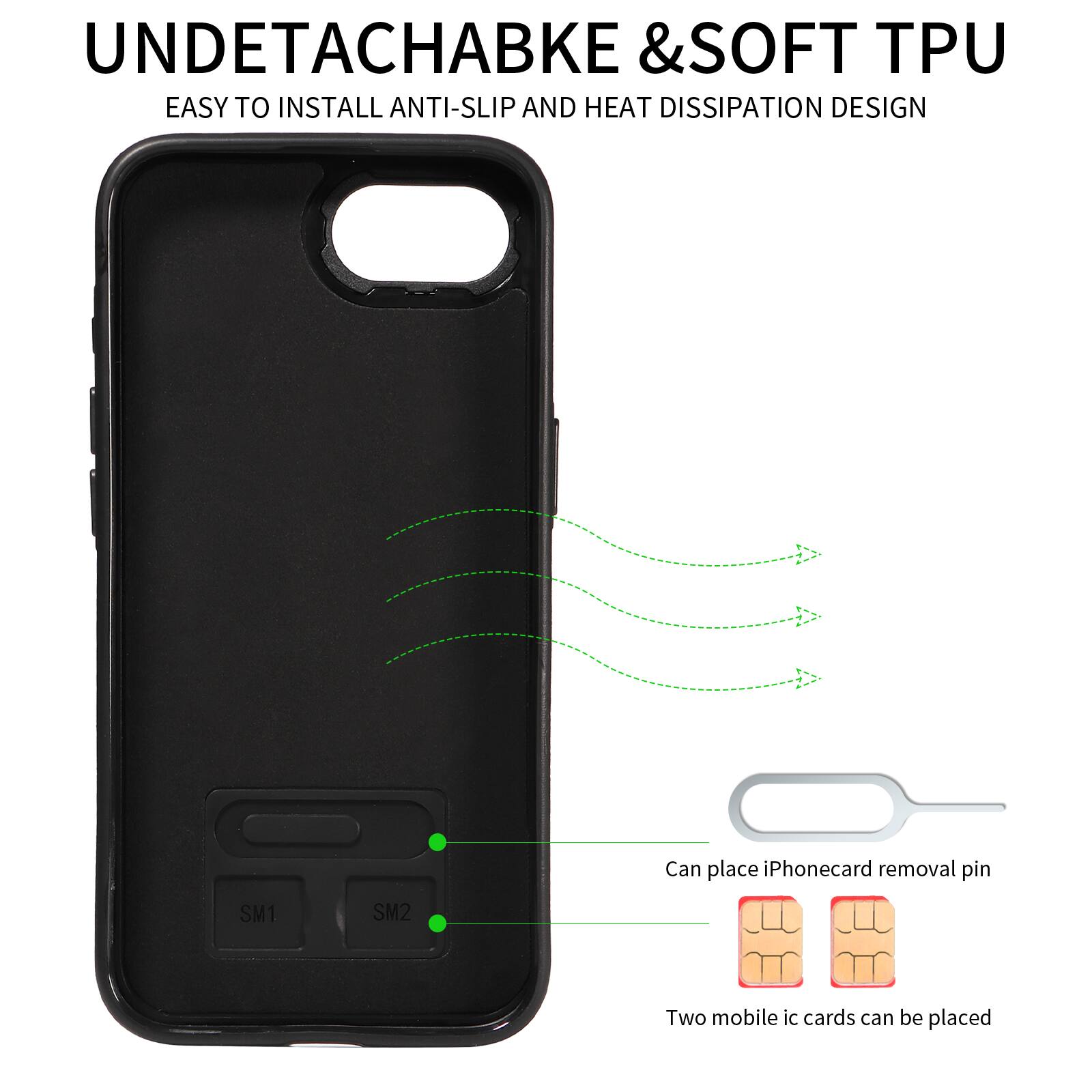 UNDETACHABLE & SOFT TPU  
EASY TO INSTALL ANTI-SLIP AND HEAT DISSIPATION DESIGN  
Can place iPhone card removal pin  
SM1 SM2  
Two mobile ic cards can be placed