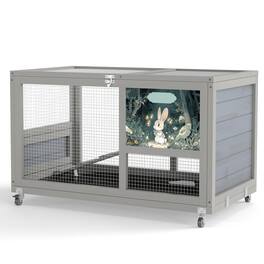 Boyel Living - with Colorful Prints 2Tier Bunny Hutch Wood Rabbit Cage on Wheels with Openable Roof Ramp EasytoClean Tray Guine - Gray