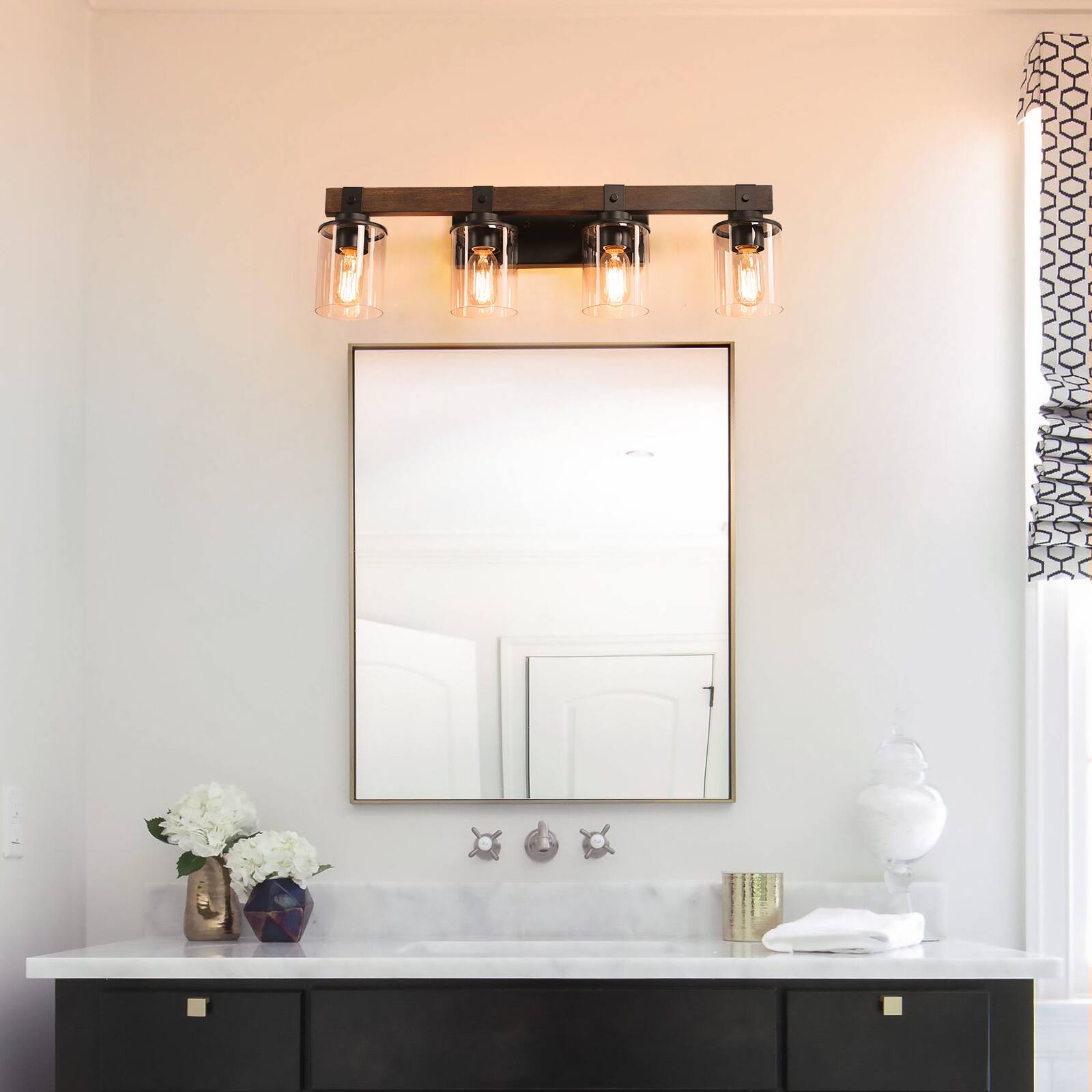 Alt View 2. APRILSOUL - 27 Inch Rustic 4-Light Vanity Light Industrial Bathroom Wall Sconce with Glass Shades and Wood Accent No Bulbs.
