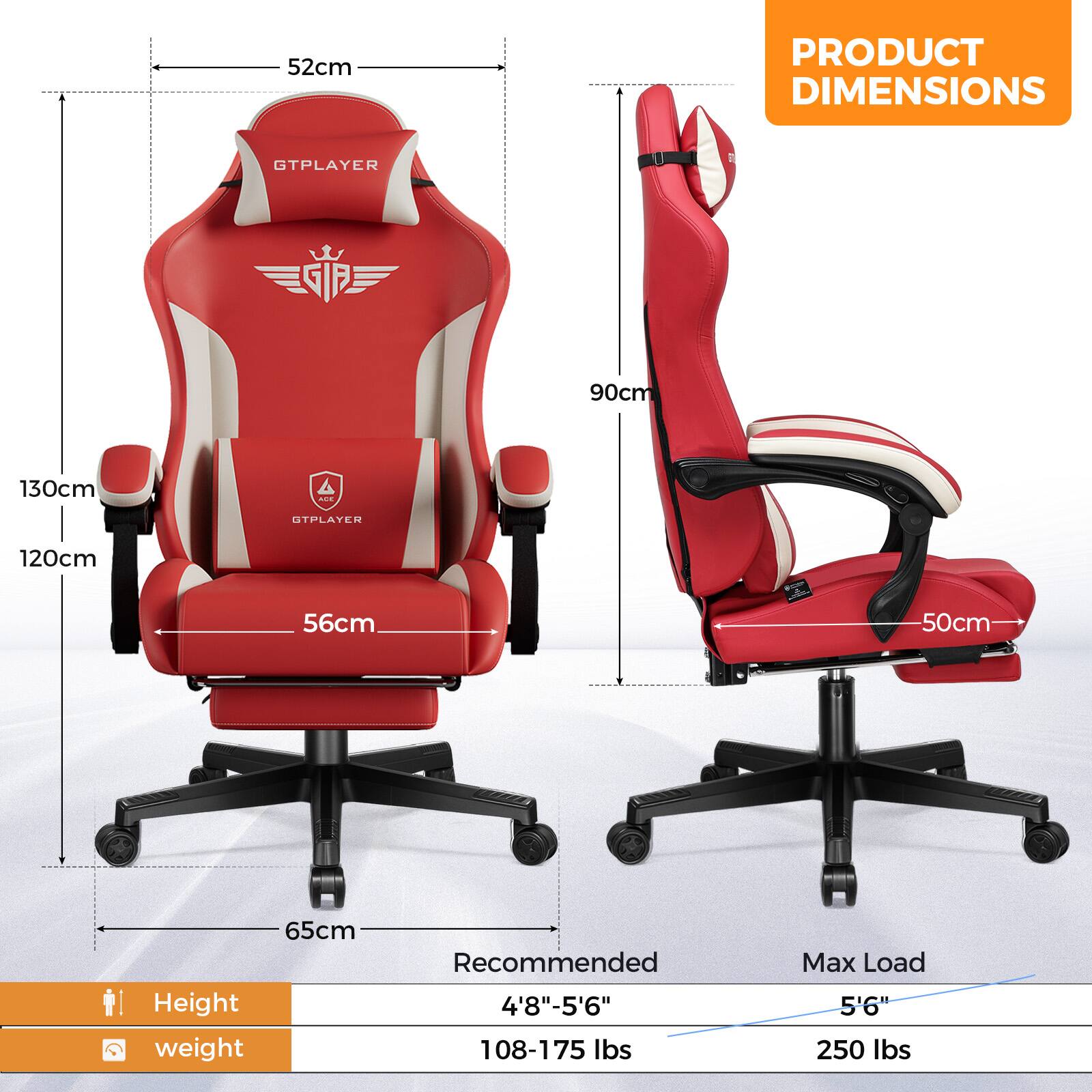 **PRODUCT DIMENSIONS**

- Height: 52cm
- Width: 130cm
- Depth: 120cm
- Seat Width: 56cm
- Backrest Height: 90cm
- Armrest Width: 50cm
- Base Width: 65cm

**Recommended:**
- Height: 4'8" - 5'6"
- Weight: 108-175 lbs

**Max Load:**
- Height: 5'6"
- Weight: 250 lbs