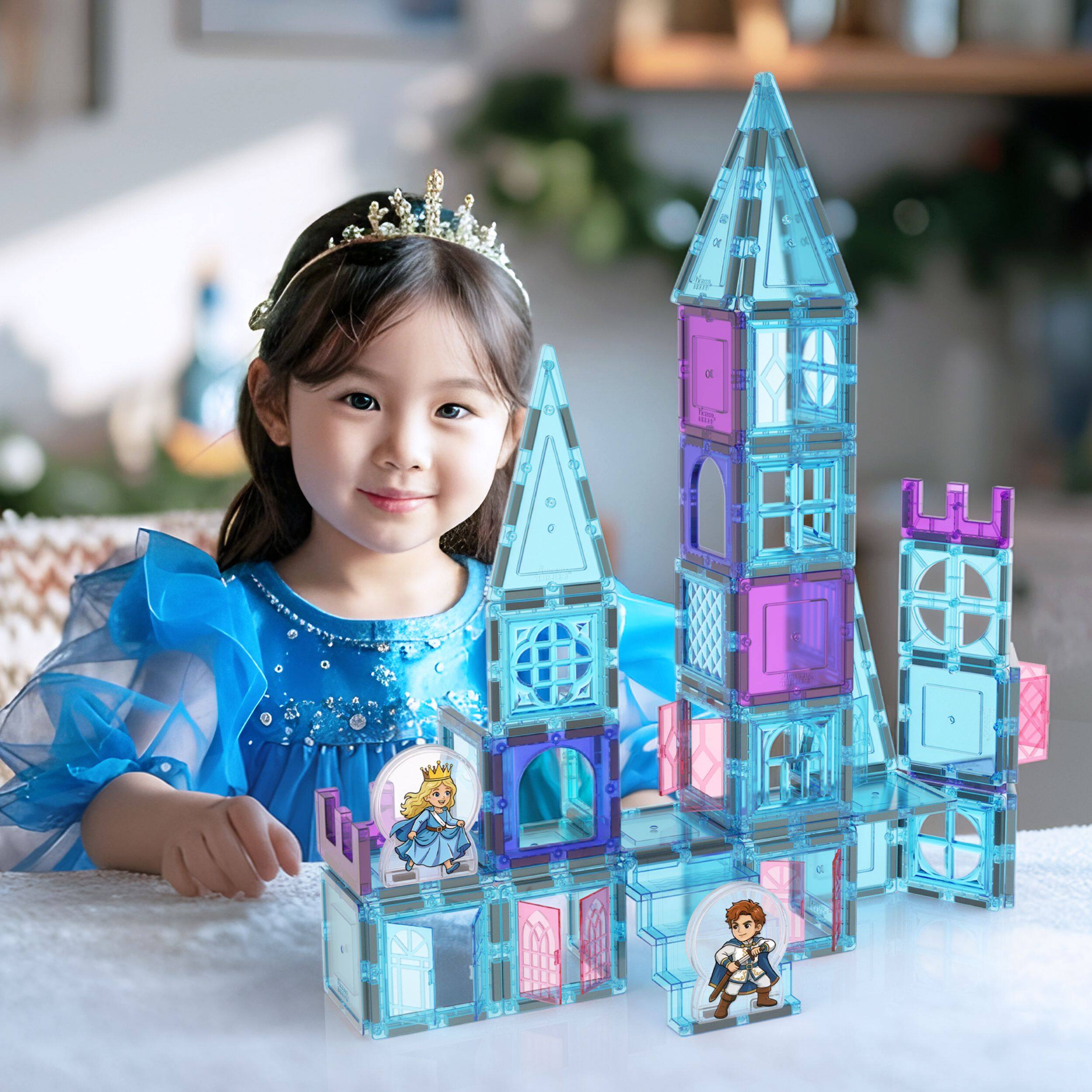 Alt View 1. PicassoTiles - 70pc Magnetic Tiles Winter Ice Castle Set with Princess Prince Character Stair Case, Building Blocks STEM Toy for Kids.