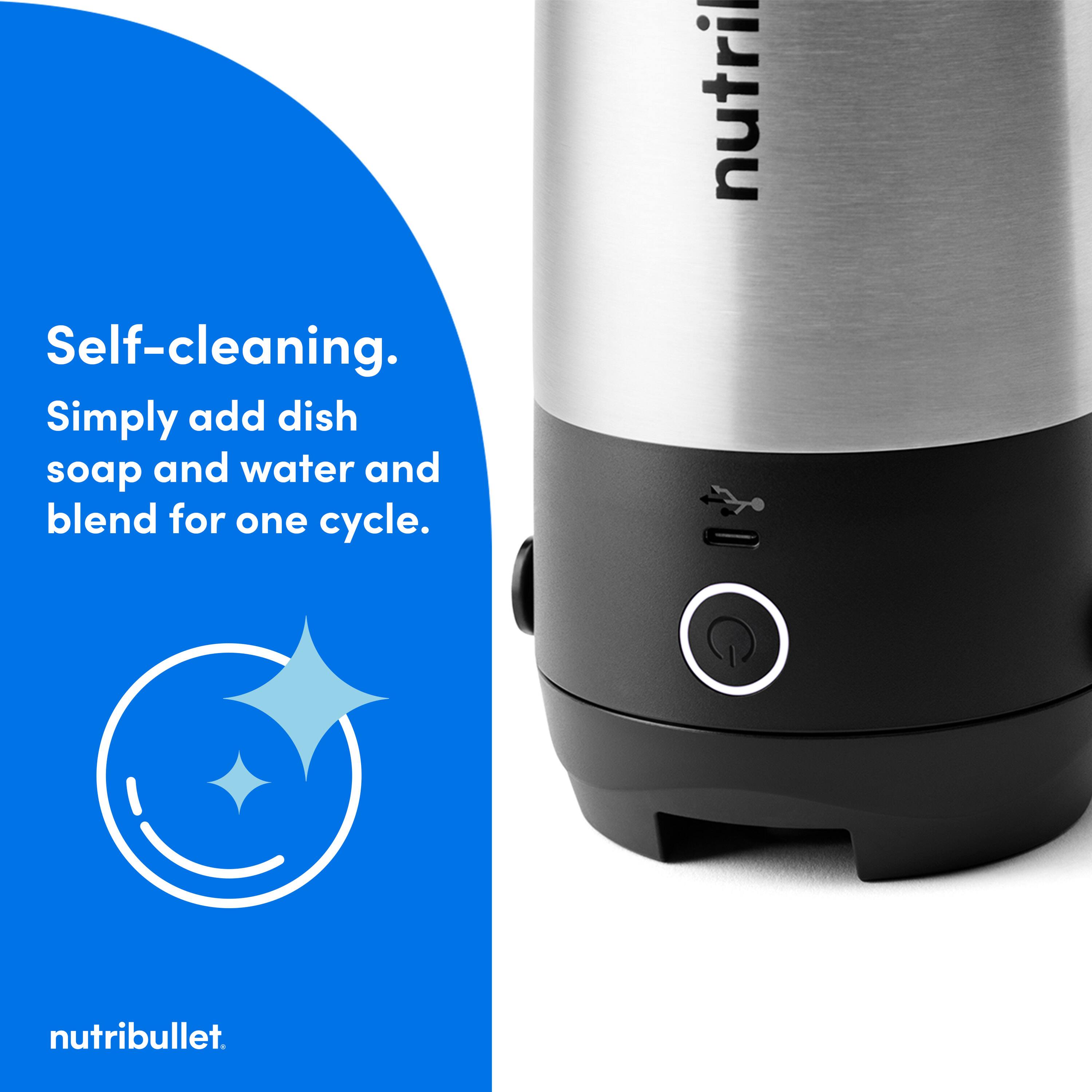 The text on the image is grouped and corrected as follows:

"Self-cleaning. Simply add dish soap and water and blend for one cycle. NutriBullet."