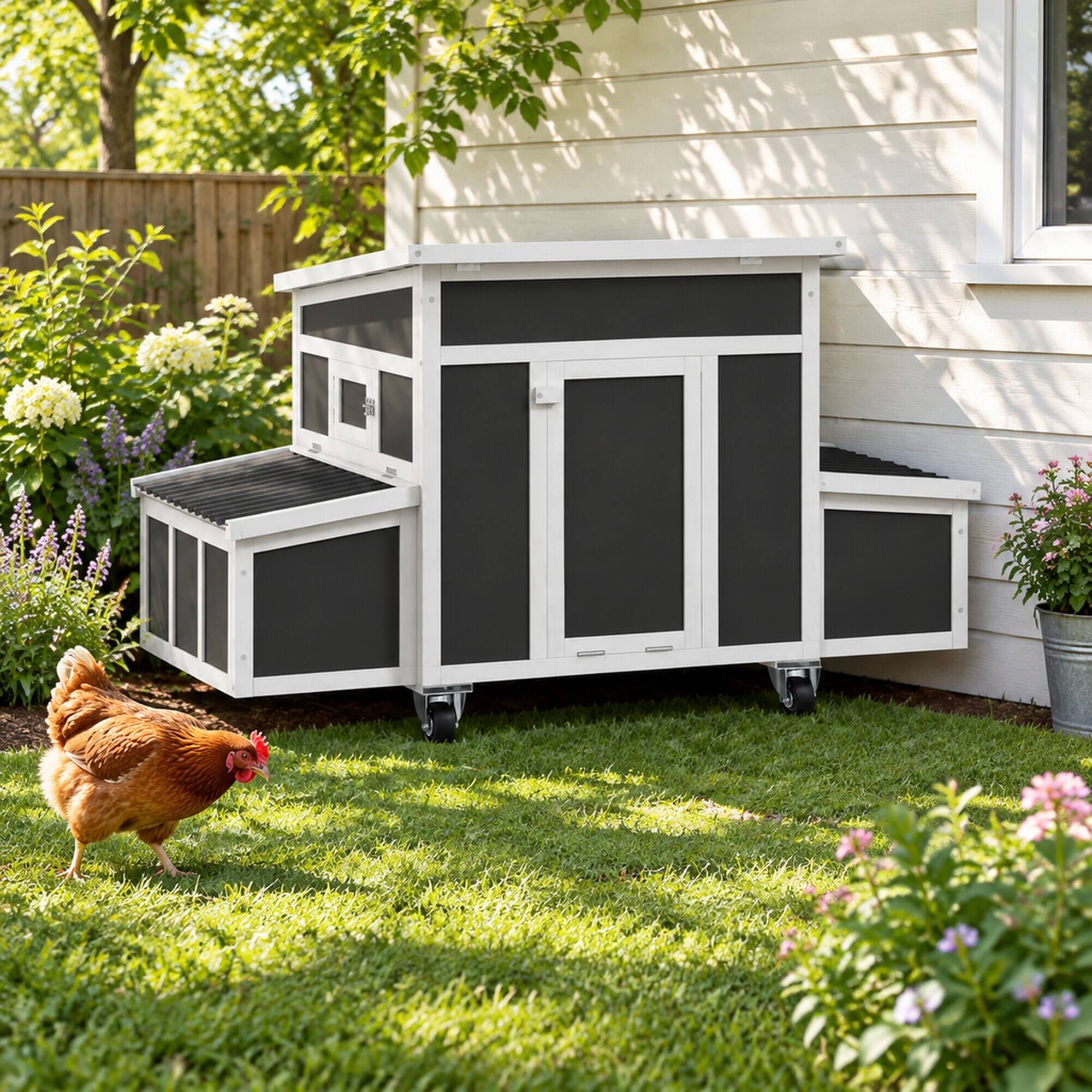 Alt View 1. RYHNUYNE - Wooden Chicken Coop, Fir Wood and Plastic Build, 7 sq ft Activity Area, Dark Gray, Weatherproof Roof, Easy Clean Tray.