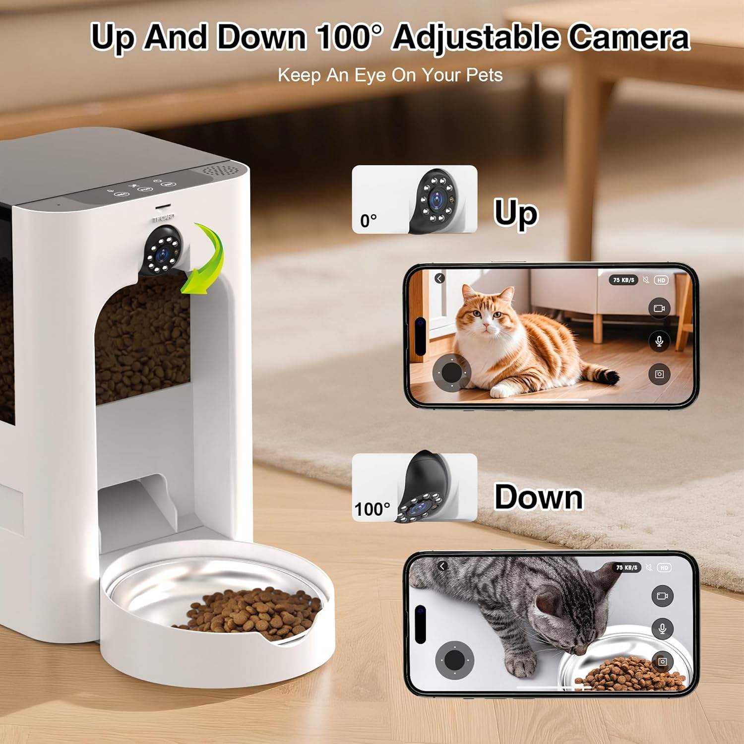 Up And Down 100° Adjustable Camera  
Keep An Eye On Your Pets  

Up  
0°  

Down  
100°