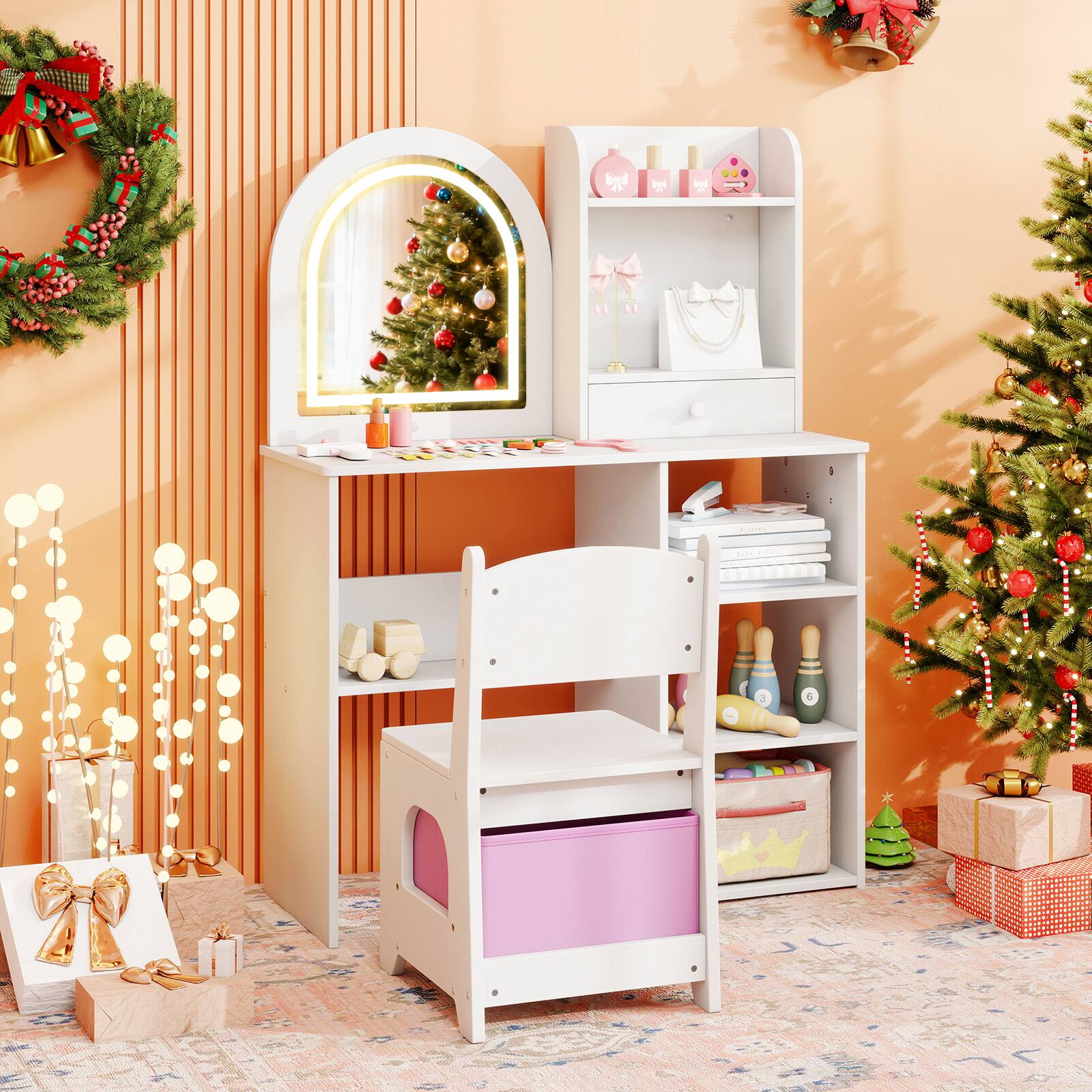 Alt View 1. Gymax - Gymax Kids Vanity Set Princess Girls Makeup Vanity Desk w/ 3-Color LED Lighted Mirror White - White.