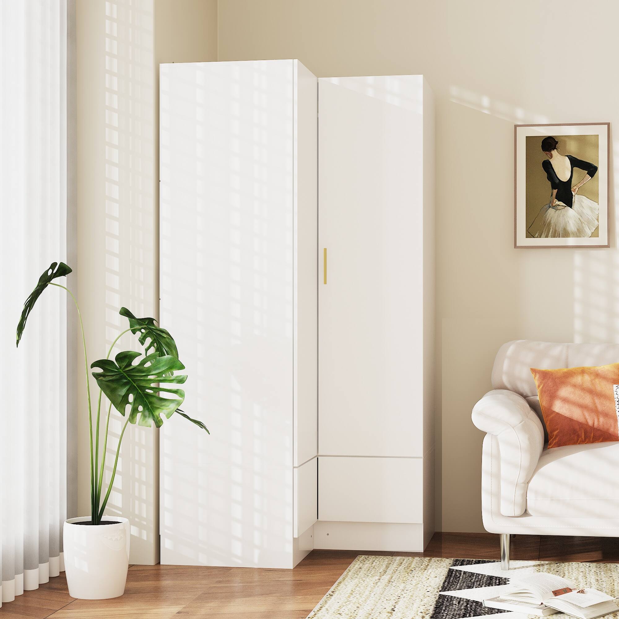 Angle. FUFU&GAGA - L Shaped Corner Wardrobe Closet Armoire with Hanging Rod Shelves and Drawers Space Saving Bedroom Storage Organizer - White.