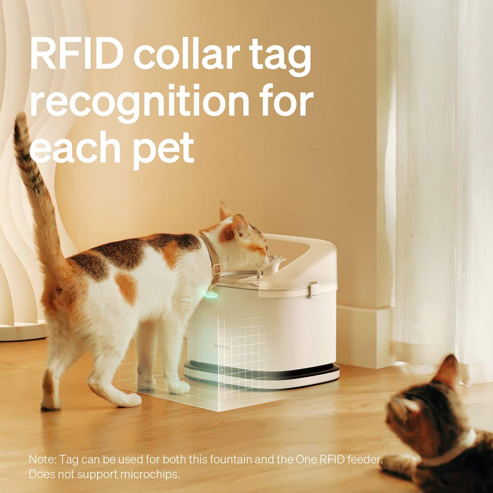 The text on the image reads: "RFID collar tag recognition for each pet. Note: Tag can be used for both this fountain and the One RFID feeder. Does not support microchips."