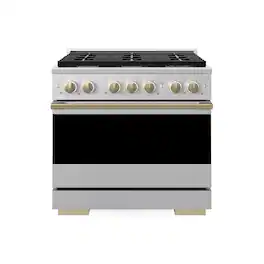 ZLINE - Autograph 36 in. 5.2 cu. ft. Manual Clean Marino Freestanding Gas Range with 6 Burners and Champagne Bronze Accents - Satin Stainless Steel