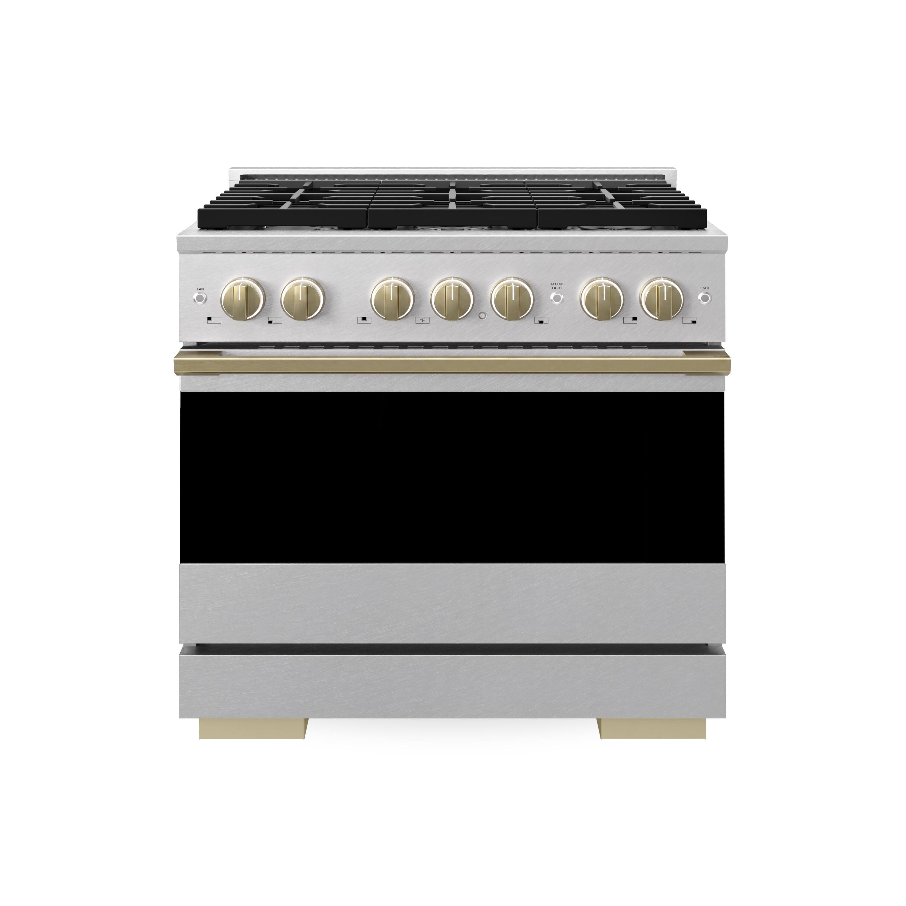 Front. ZLINE - Autograph 36 in. 5.2 cu. ft. Manual Clean Marino Freestanding Gas Range with 6 Burners and Champagne Bronze Accents - Satin Stainless Steel.