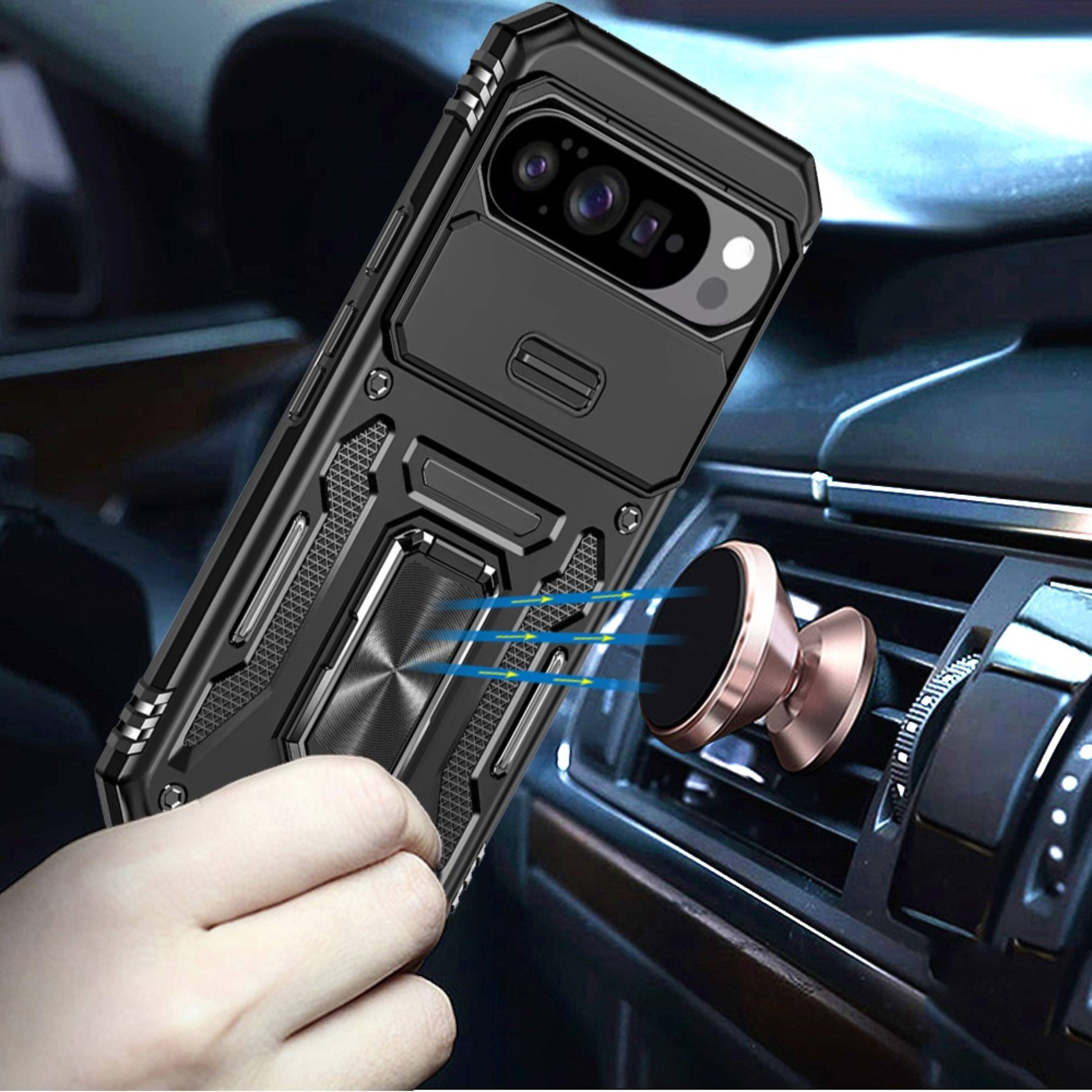 Angle. Kitcheniva - Sliding Lens Cover Metal Stand Phone Case With Tempered Glass For Google Pixel 10 Pro XL Black - Black.