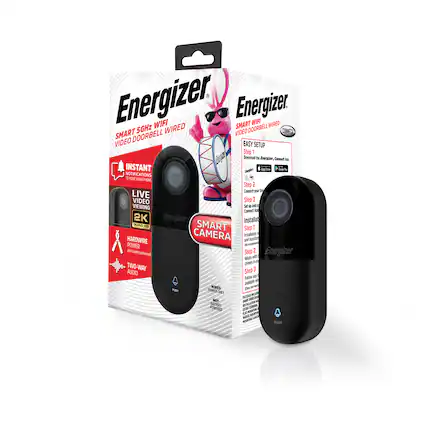 Energizer Smart 5GHz WiFi Wired Video Doorbell
- Instant Notifications on Your Smartphone
- Live Video Viewing
- 2K Quad HD Camera
- Hardwire Power (No Battery Required)
- Two-Way Audio
- Easy Setup
Step 1: Download the Energizer app (App Store, Google Play)
Step 2: Connect Your Doorbell to WiFi
Step 3: Set Up and Connect App
Installation Steps:
Step 1: Install the doorbell
Step 2: Connect with existing chimes (in minutes)
Step 3: Follow app instructions