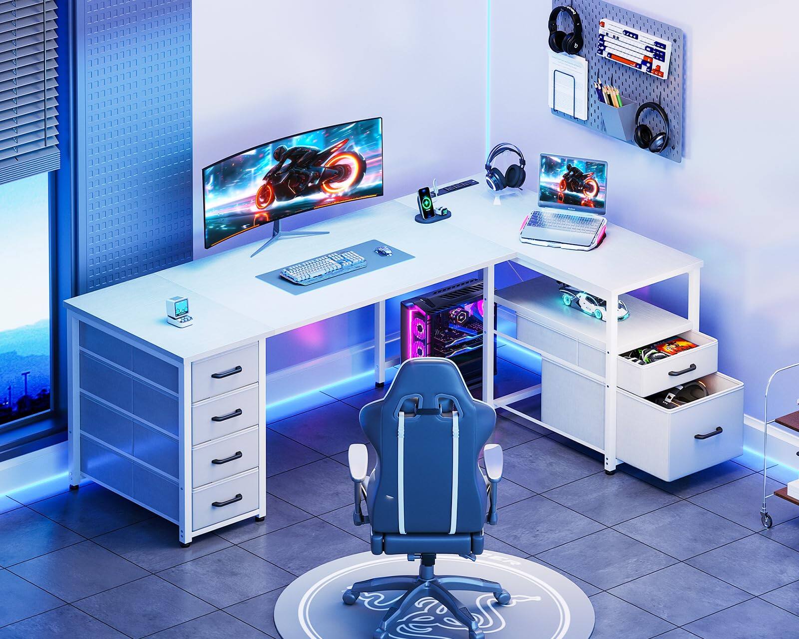 Alt View 1. AODK - Reversible L Shaped Desk with 5 Drawers & File Drawer, Computer Table with Power Outlet and Open Storage Shelf - White.