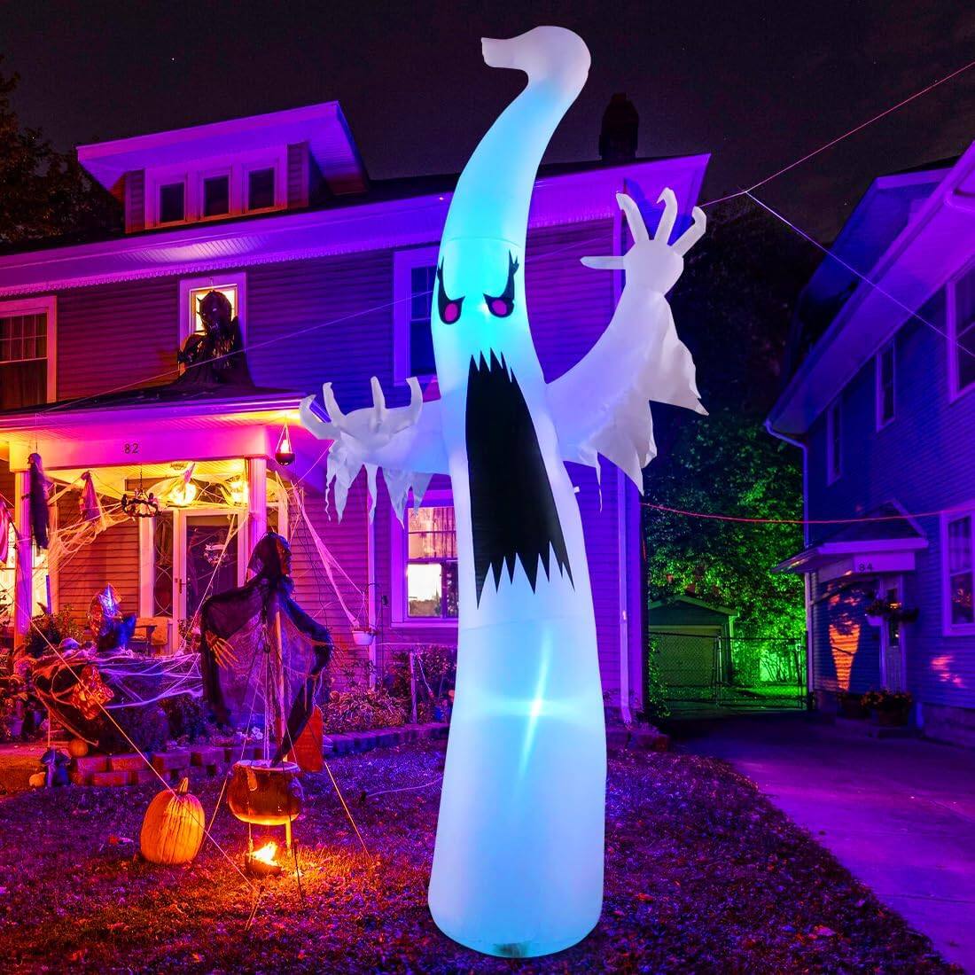 Angle. GOOSH Inflatables - GOOSH 12FT Tall Inflatable Halloween Ghost Yard Decoration, Rainbow Color-LED Lights - White.
