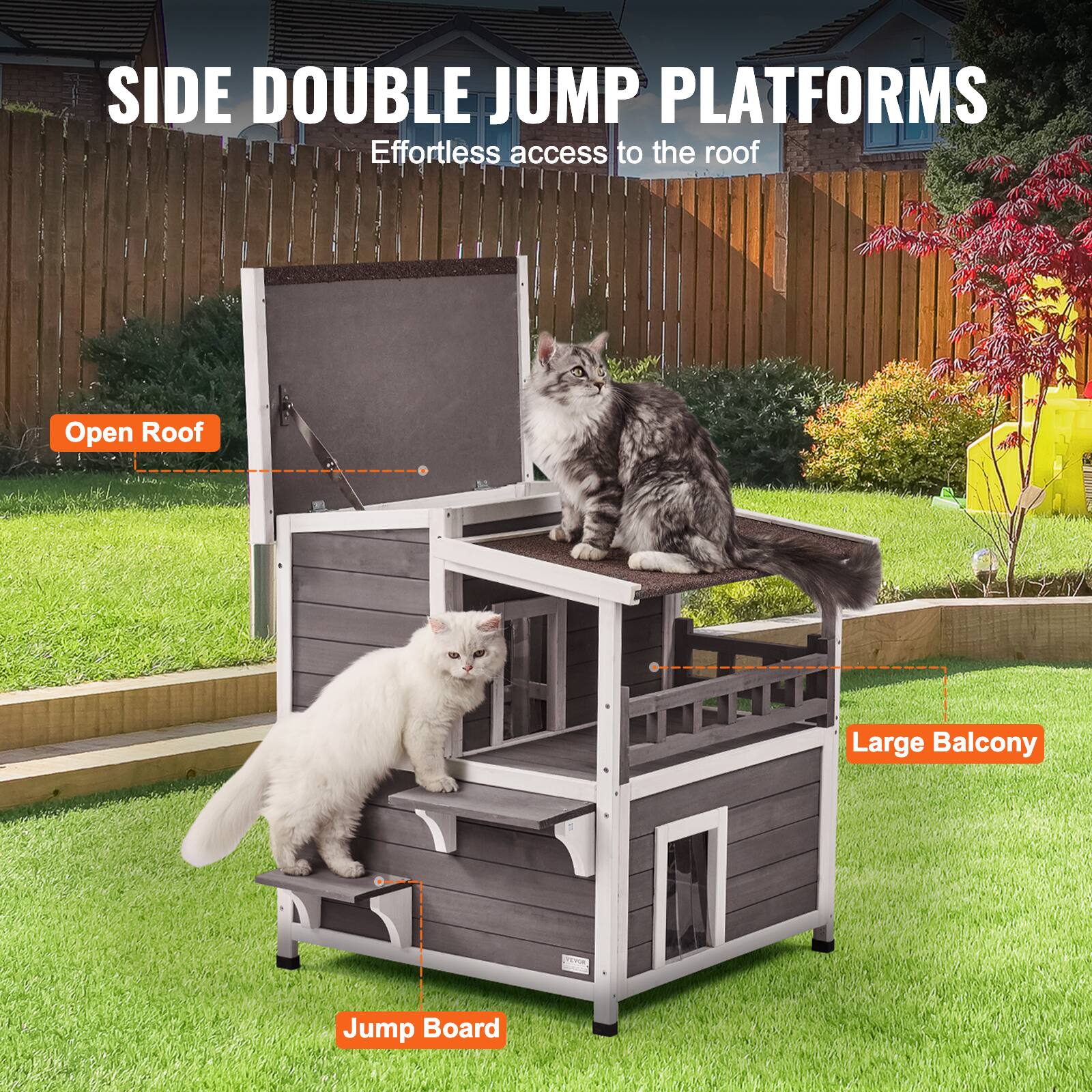 SIDE DOUBLE JUMP PLATFORMS  
Effortless access to the roof  
Open Roof  
Large Balcony  
Jump Board