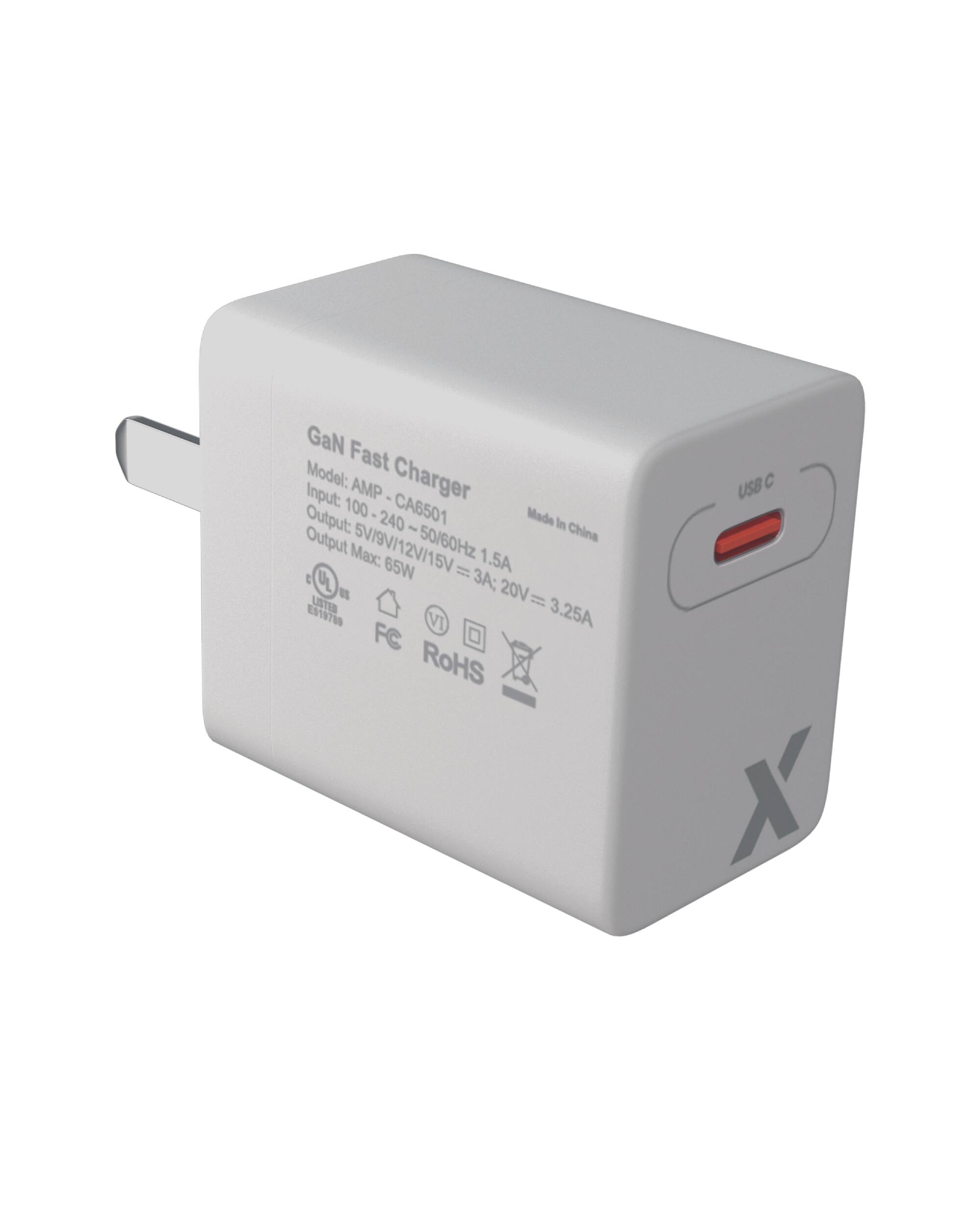 GaN Fast Charger  
Model: AMP - CA6501  
Input: 100 - 240V~ 50/60Hz  
Output: 5V/9V/12V/15V = 3A  
Output Max: 65W  
20V = 3.25A  
Made in China  
USB C  
FC  
RoHS  
ES19780  
VI