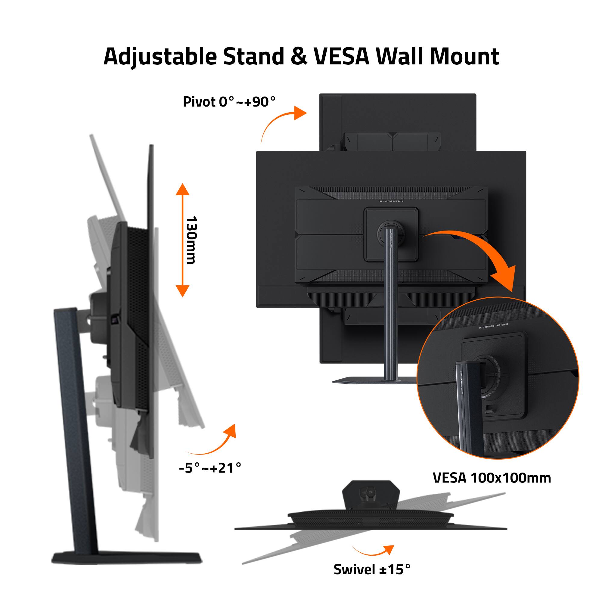 Adjustable Stand & VESA Wall Mount

Pivot 0°~+90°

130mm

-5°~+21°

VESA 100x100mm

Swivel ±15°