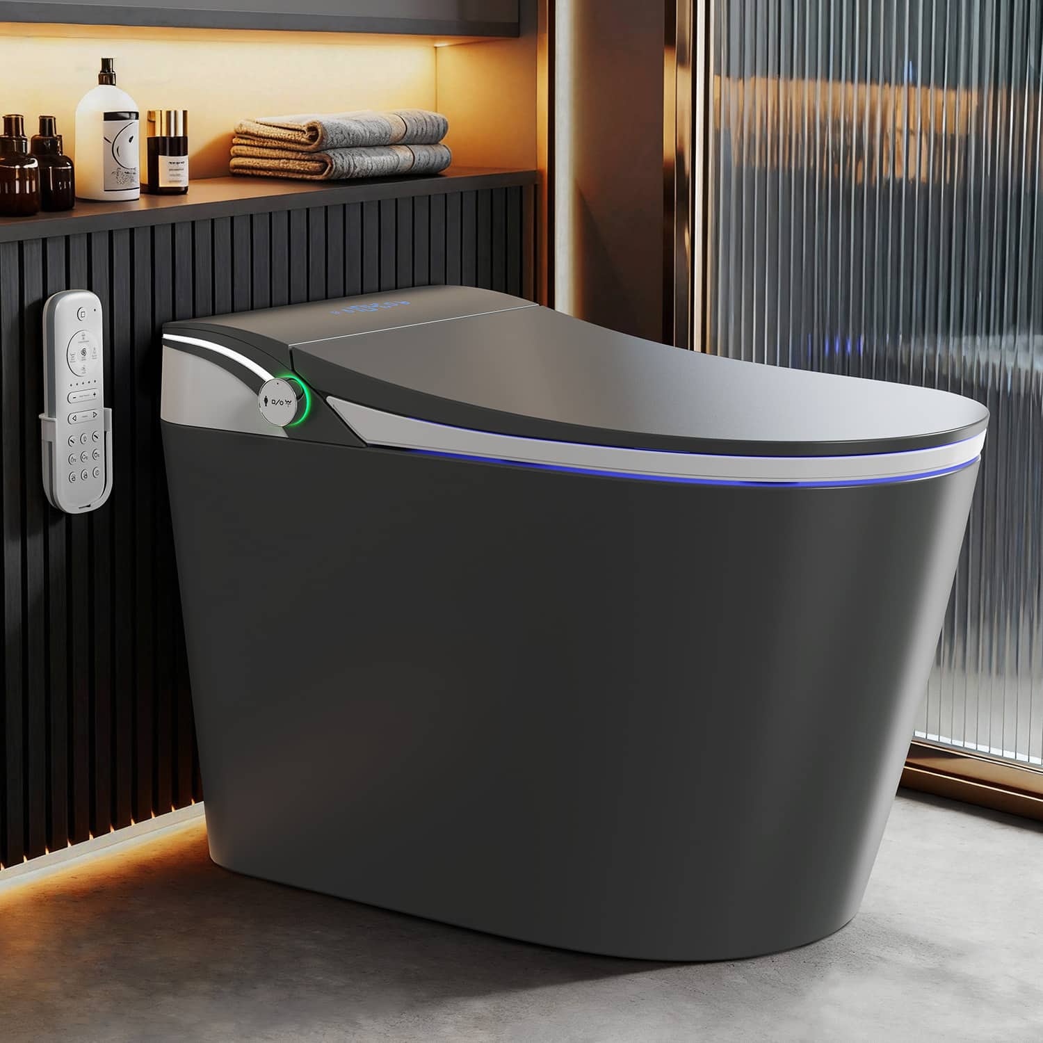 Koligey - Smart Toilet With Tankless Bidet Wash, 1.28 Gallons Auto Flush, Dual-Flush Siphon Jet, Heated Seat, Warm Wash/Dryer - Gunmetal Gray