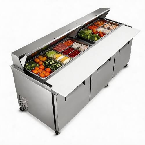 Alt View 7. WHALL - WHALL 72" Commercial Sandwich Prep Refrigerator, 3 Door Stainless Salad Table with Cutting Board, R290, ETL Certified - Silver.