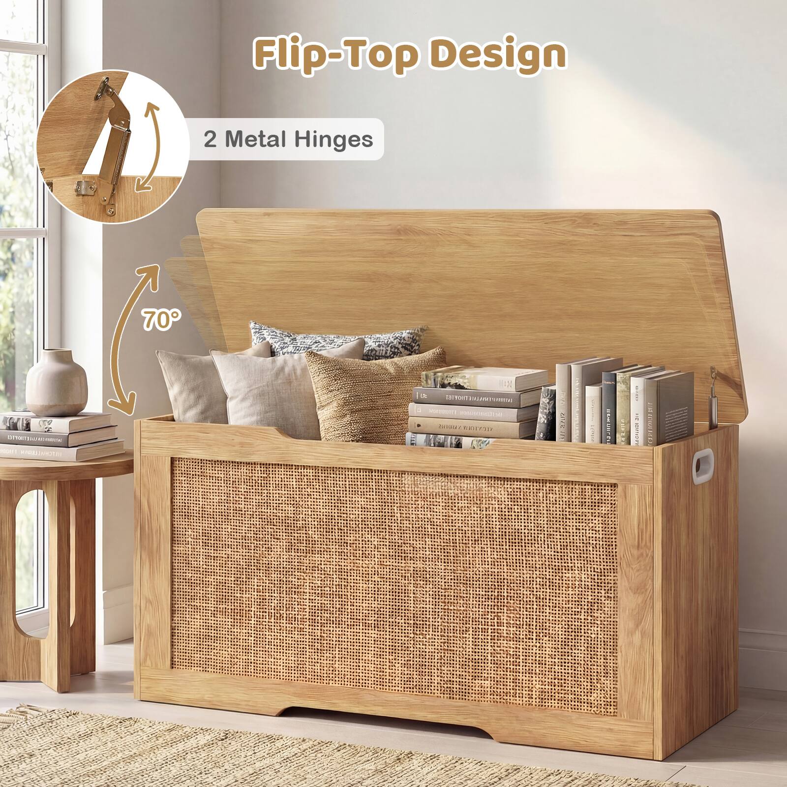 Flip-Top Design  
2 Metal Hinges  
70°
