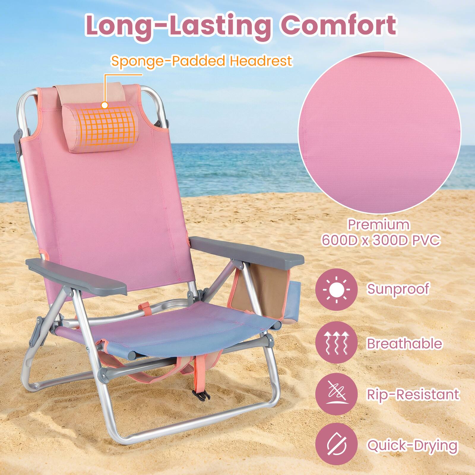 Long-Lasting Comfort  
Sponge-Padded Headrest  

Premium 600D x 300D PVC  
Sunproof  
Breathable  
Rip-Resistant  
Quick-Drying
