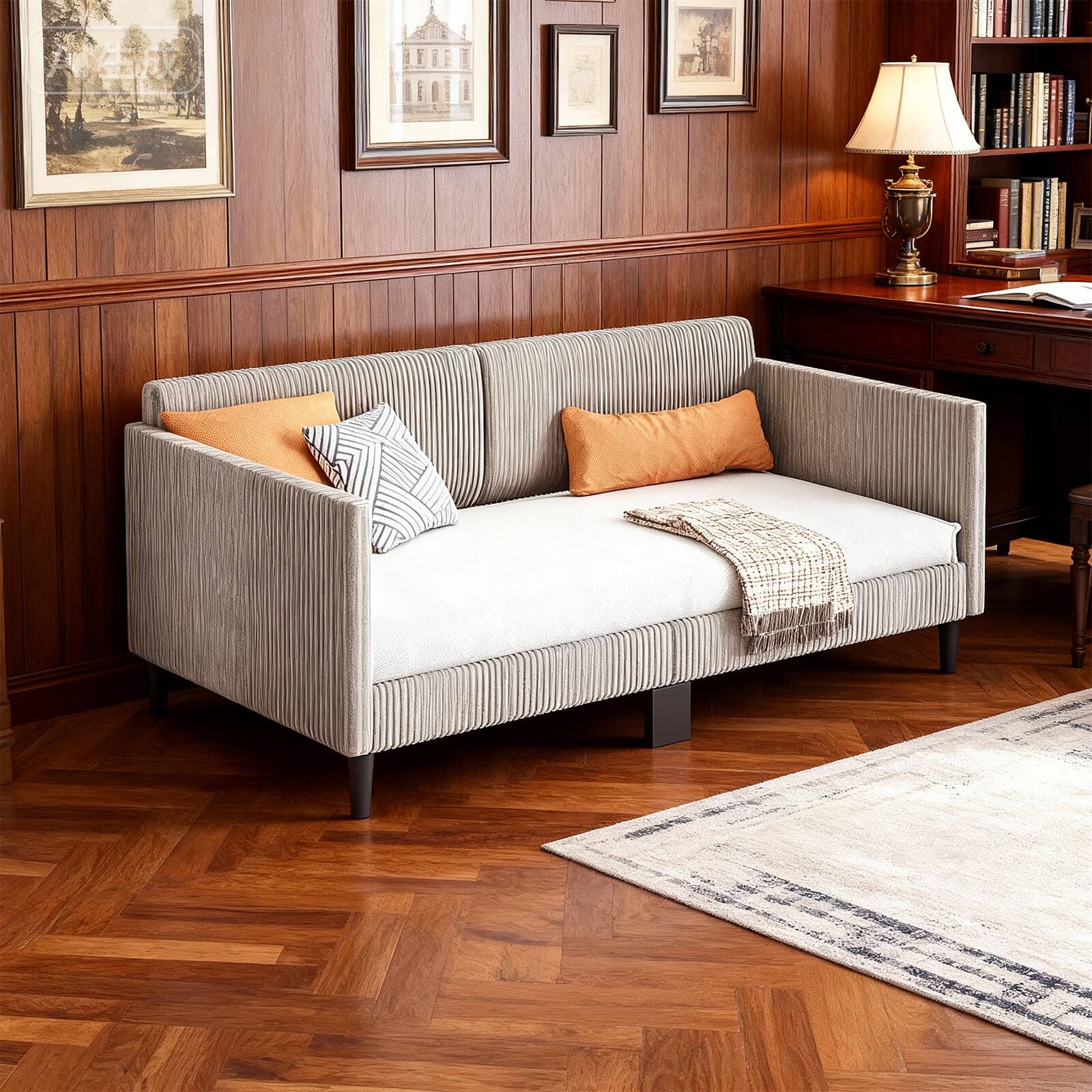 Front. Winado - Twin Size Corduroy Daybed with Corduroy Upholstery and Solid Wood Slats with Tufted Finish for Living Room or Guest Room - Corduroy Beige White.