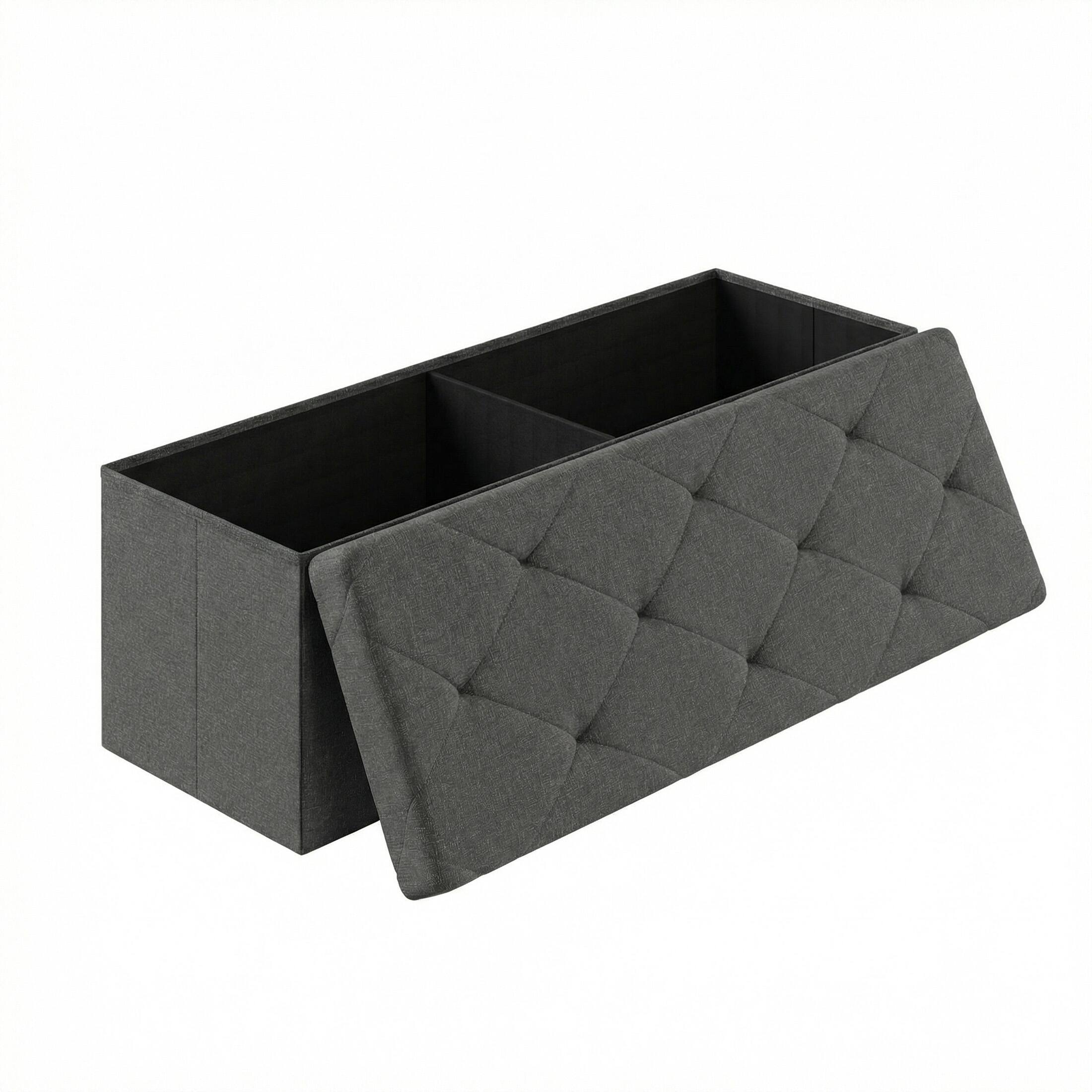 Front. Sweetcrispy - 43-in Foldable Storage Bench, Bedside Ottoman with Storage and Cushioned Seat, Linen Fabric Foot Rest Stool - Gray.