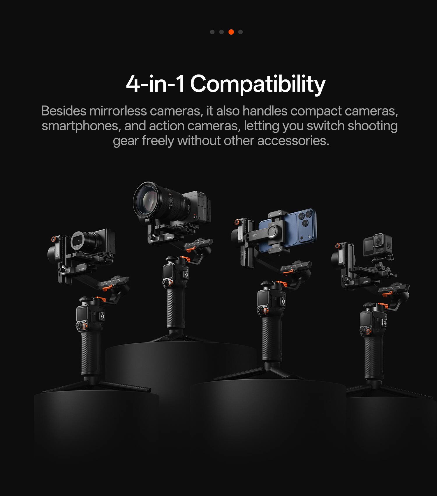 4-in-1 Compatibility

Besides mirrorless cameras, it also handles compact cameras, smartphones, and action cameras, letting you switch shooting gear freely without other accessories.