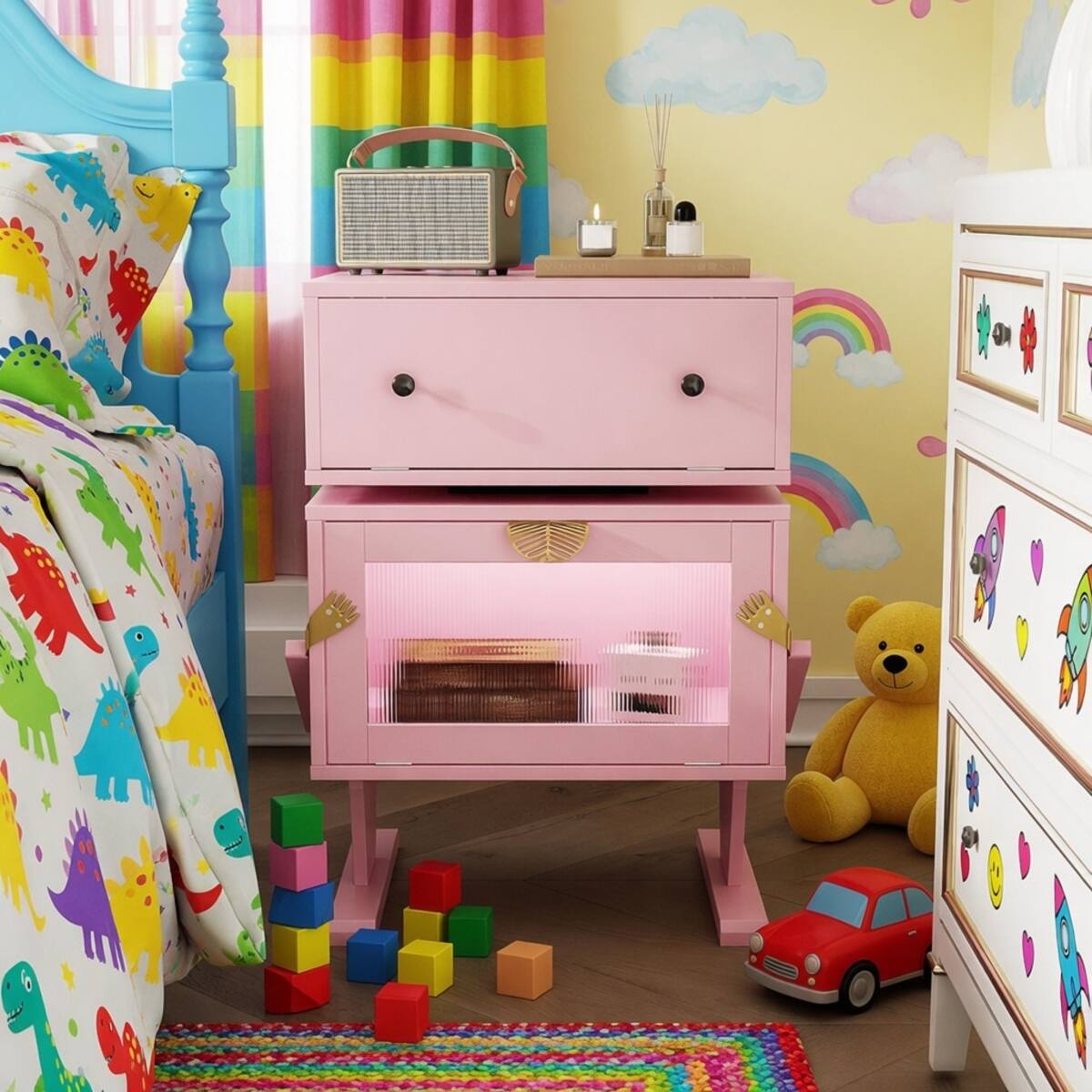 Alt View 7. Loheer - Loheer Pink Robot LED Nightstand with 360 Degree Rotating Drawer, 20.7 Inch Wide - Pink.