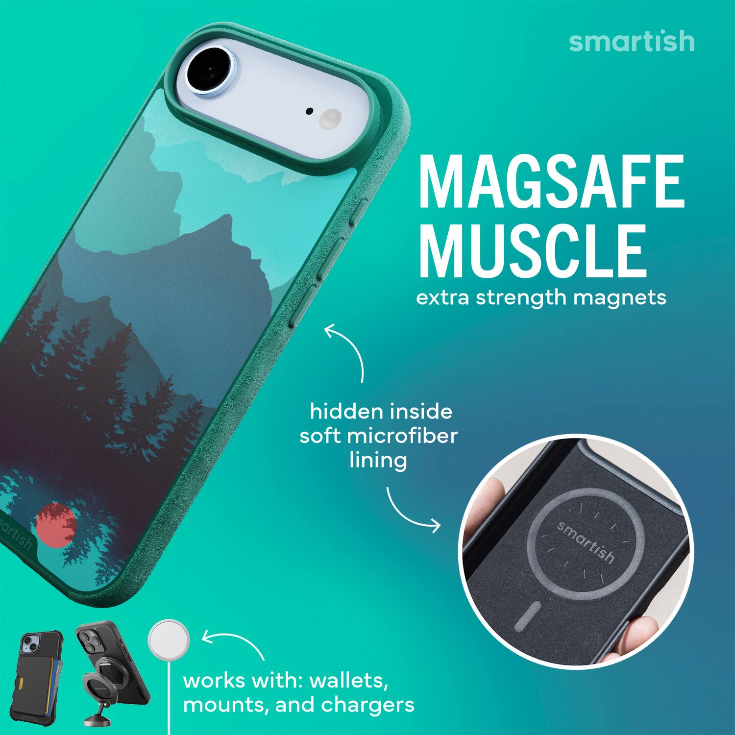 smartish MAGSAFE MUSCLE extra strength magnets hidden inside soft microfiber lining smartish works with: wallets, mounts, and chargers