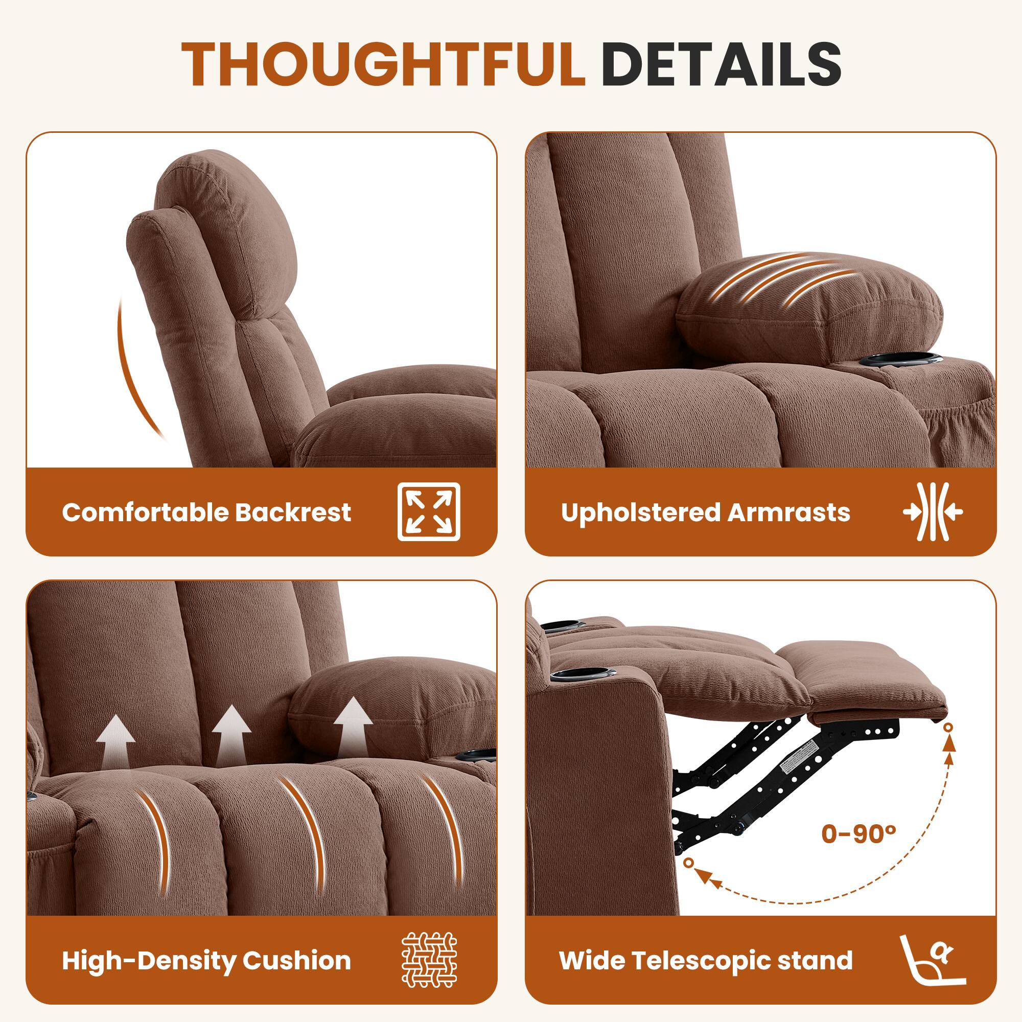 THOUGHTFUL DETAILS

Comfortable Backrest  
Upholstered Armrests  
High-Density Cushion  
Wide Telescopic Stand (0-90°)