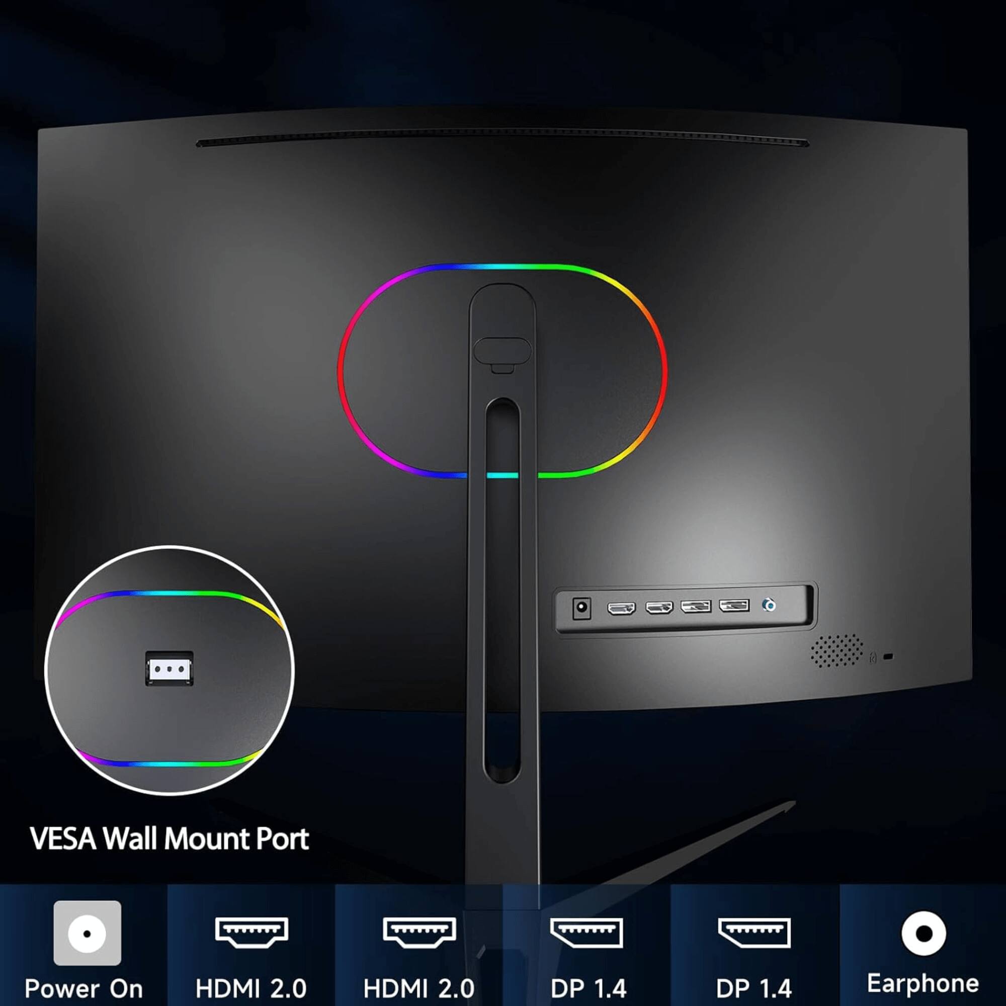 - VESA Wall Mount Port
- Power On
- HDMI 2.0
- HDMI 2.0
- DP 1.4
- DP 1.4
- Earphone