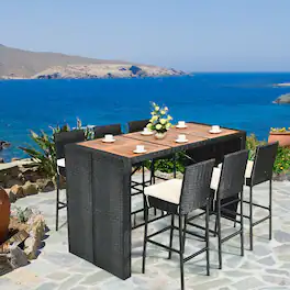 Gymax - 7PCS Rattan Wicker Bar Set Patio Dining Furniture w/ Wood Table Top 6 Stools - Black