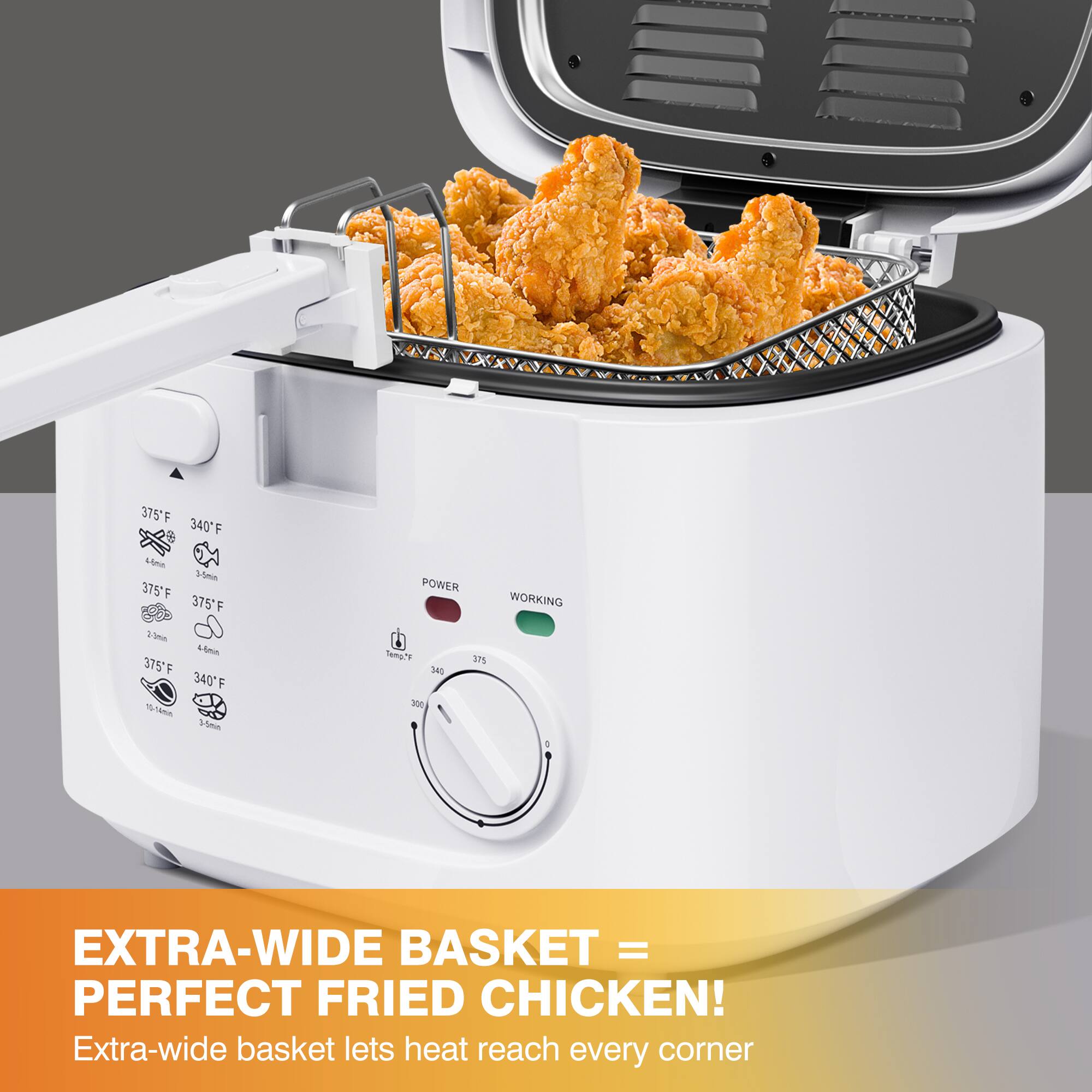 375°F 340°F 2-0m 375°F 375°F POWER WORKING 1 Sen 1ma 375°F 340°F 1-14 3-M  Temp 340°F 375°F EXTRA-WIDE BASKET = PERFECT FRIED CHICKEN! Extra-wide basket lets heat reach every corner