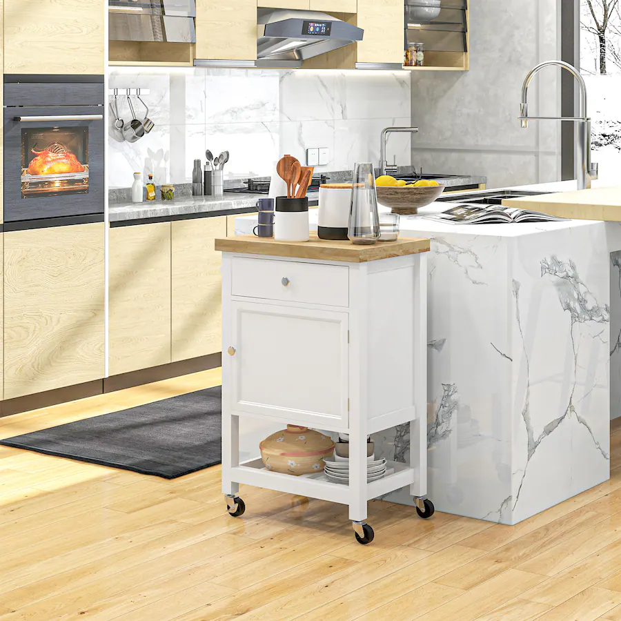 HOMCOM Rolling Kitchen Cart With Butcher Block Top - Mobile Storage Island With Drawer & Cabinet, Gray