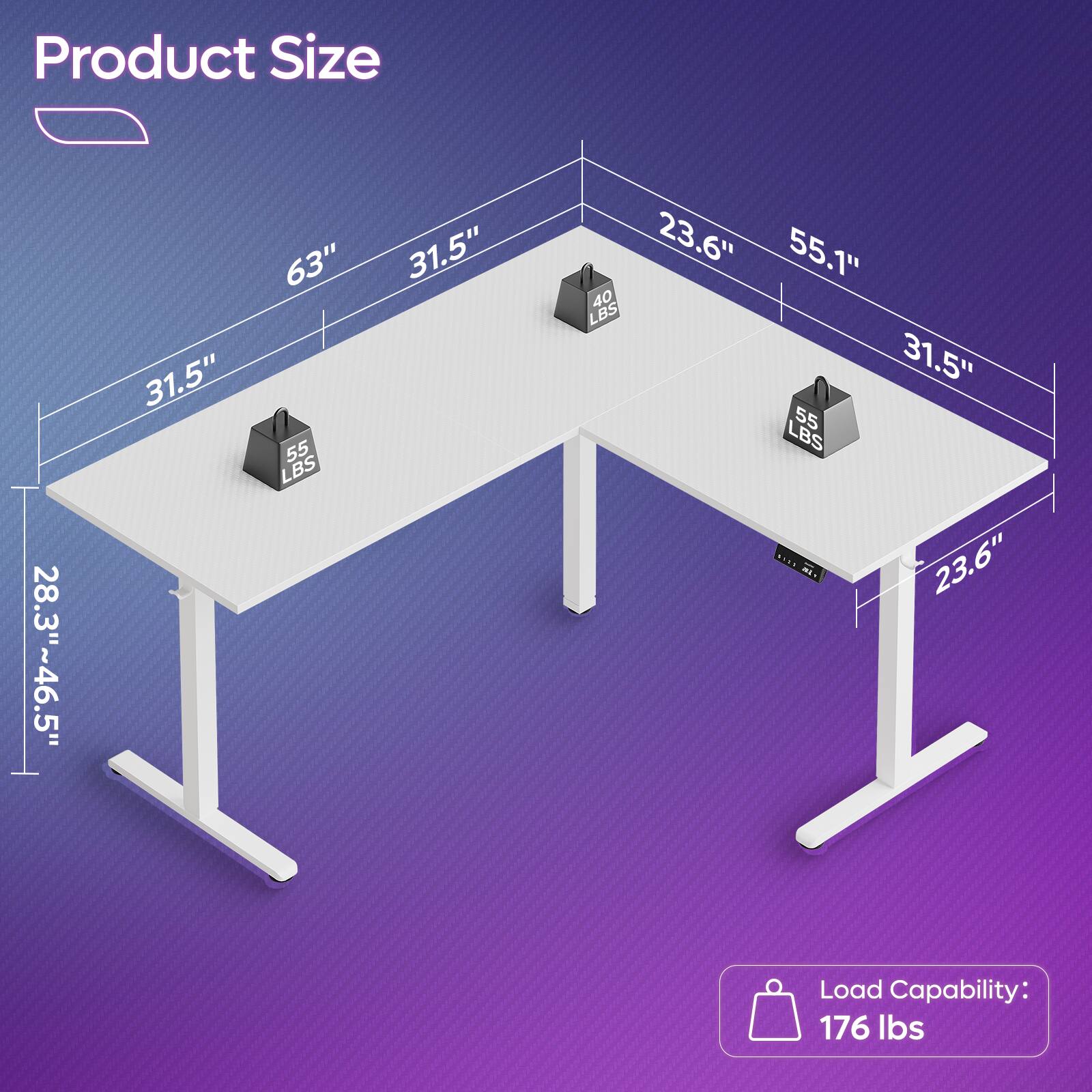 Product Size: 28.3"~46.5" x 31.5" x 63"  
Load Capacity: 55 LBS  
Load Capability: 176 LBS