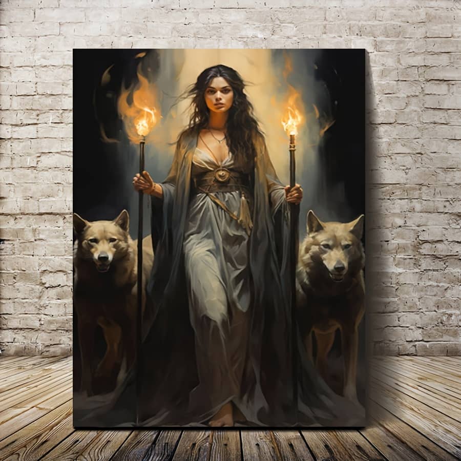 blue - 1 Canvas Painting with Wood Frame, Guardian of the Night Hecate Canvas Art Print with Wolf and Torch – Greek Mythology - Color:32*24inch