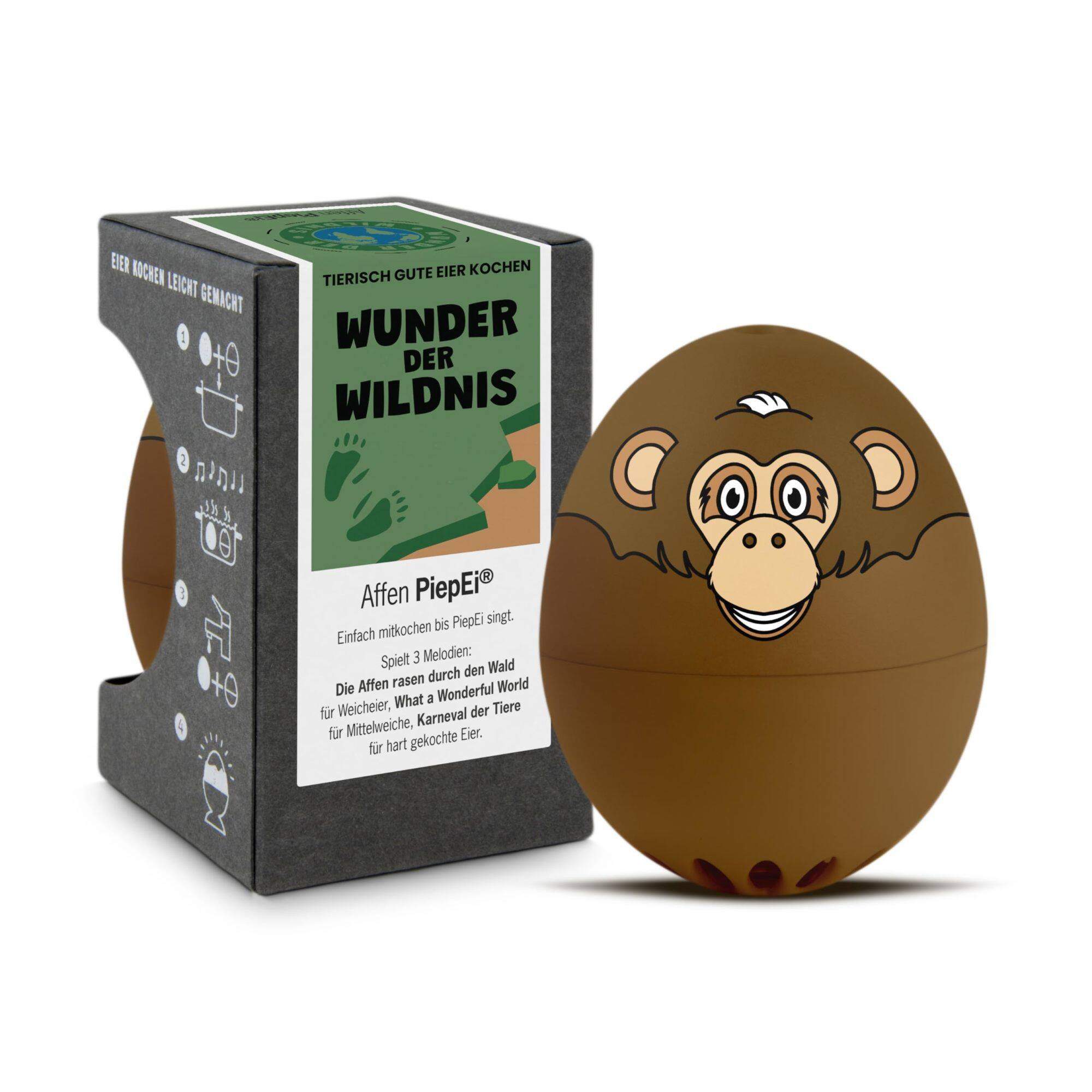 EIER KOCHEN LEICHT GEMACHT  
1 2 GUTE EIER KOCHEN  
TIERISCH WUNDER DER WILDNIS  
Affen PiepEi®  
Einfach mitkochen bis PiepEi singt.  
Spielt 3 Melodien:  
Die Affen rasen durch den Wald  
What a Wonderful World  
für Weicheier, der Tiere  
Mittelweiche, Karneval für Eier.  
für hart gekochte Eier.