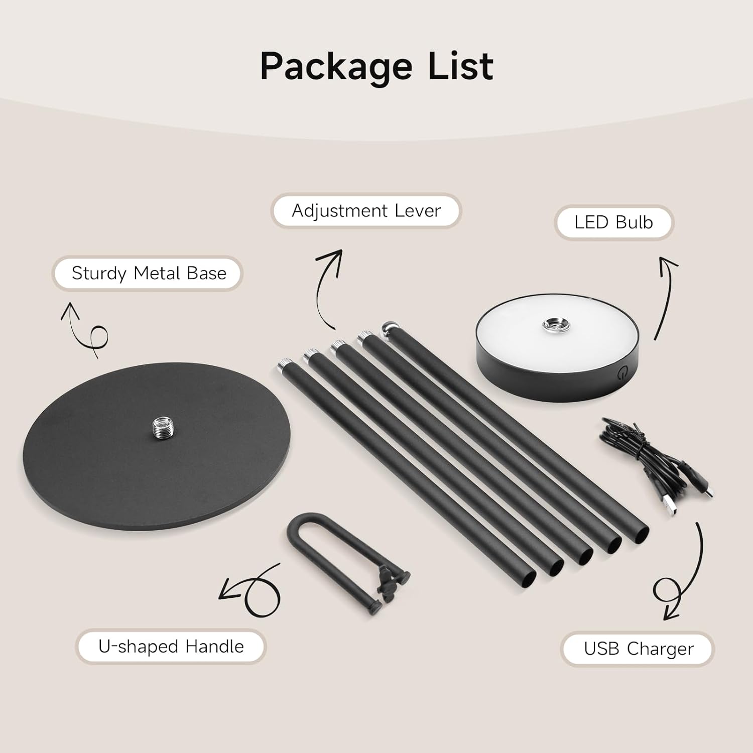 Package List Adjustment Lever LED Bulb Sturdy Metal Base U-shaped Handle USB Charger