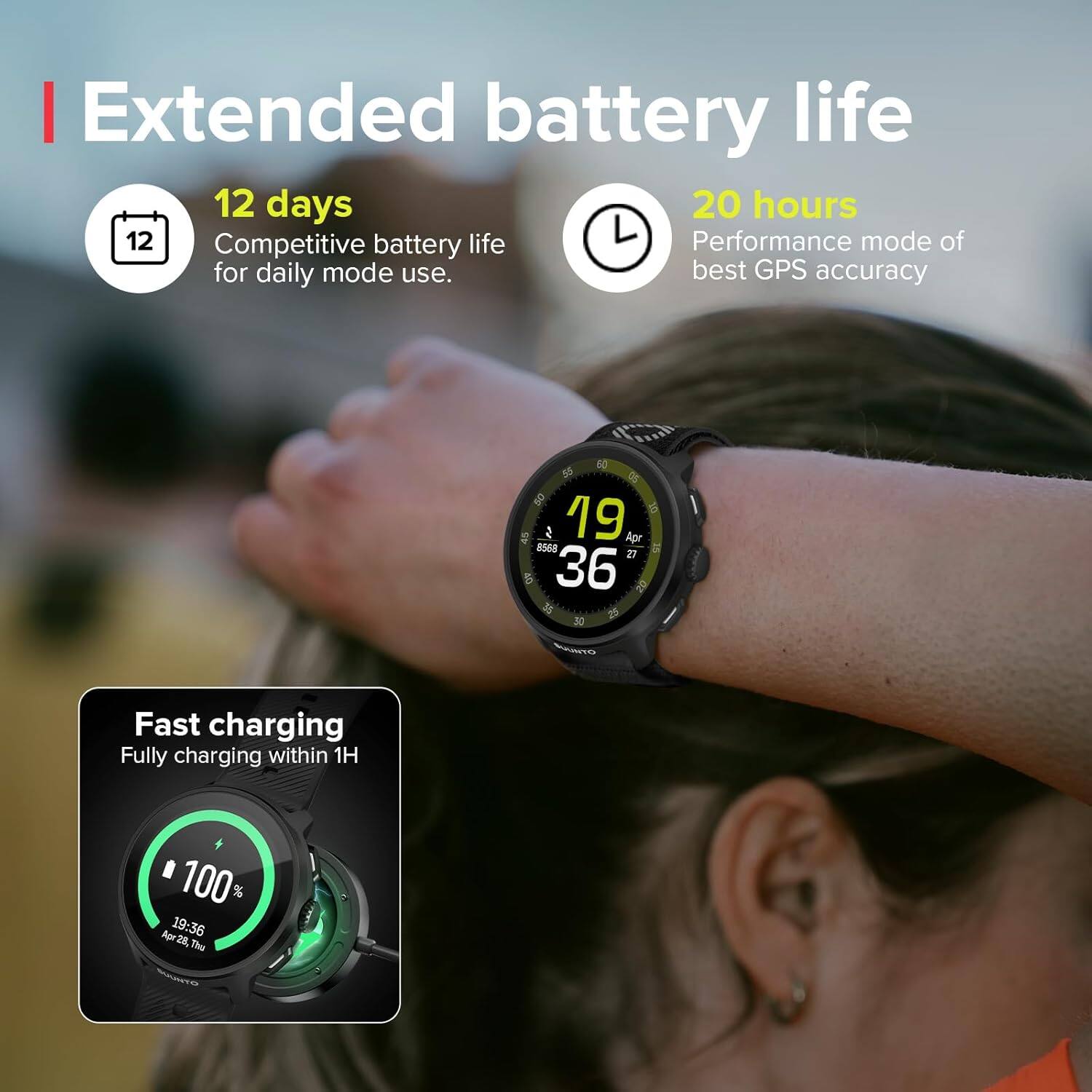 Extended battery life
12 days
Competitive battery life for daily mode use.
20 hours
Performance mode of best GPS accuracy
Fast charging
Fully charging within 1H
100%
Apr 28, Apr 19:36
2, Thu