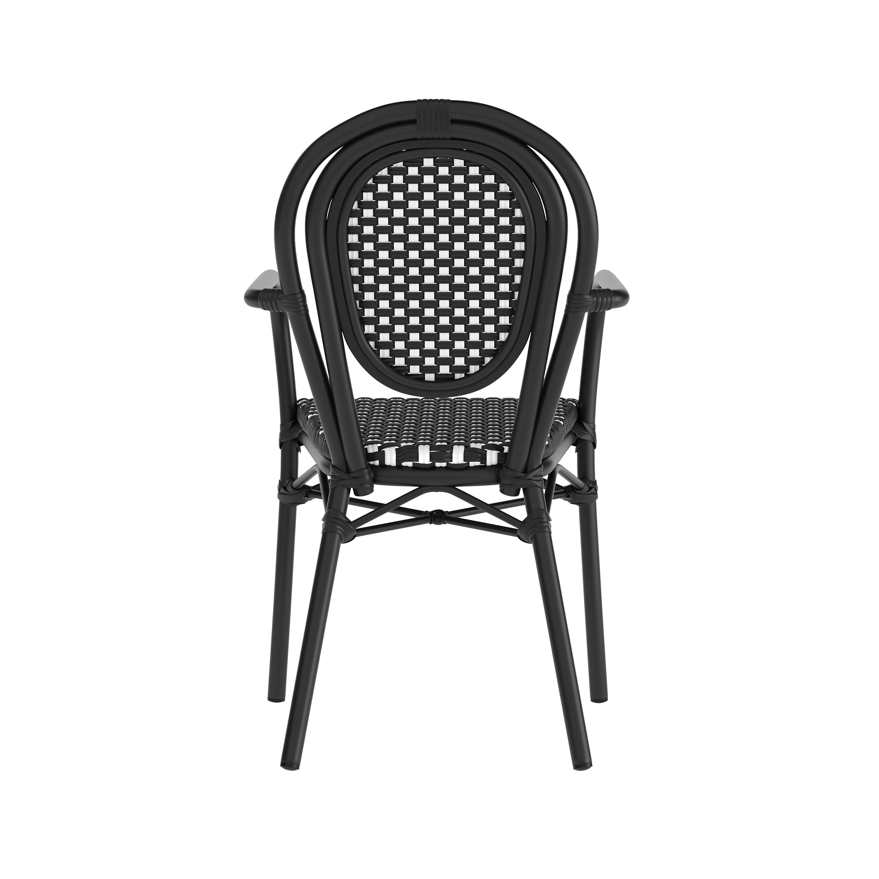 Back. Flash Furniture - 2 Pack Lourdes Indoor/Outdoor Commercial Thonet Bistro Stacking Chair with Arms, Black and White PE Rattan and Black Alu - Black.