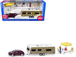 SIKU - Porsche Macan Turbo Maroon Metallic and Dethleffs Exclusiv Emotion Caravan with Figures and Camp Accessories Set 1/55 - Multicolor