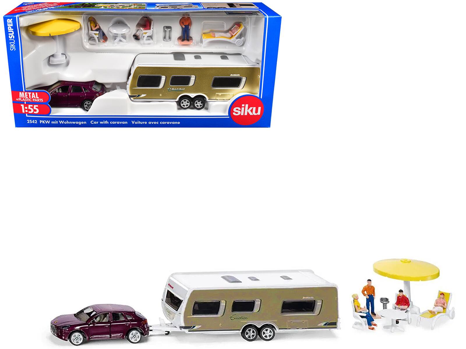 SIKU SUPER  
METAL + PLASTIC PARTS  
1:55  
2542 PKW mit Wohnwagen  
Car with caravan  
Voiture avec caravane  

siku