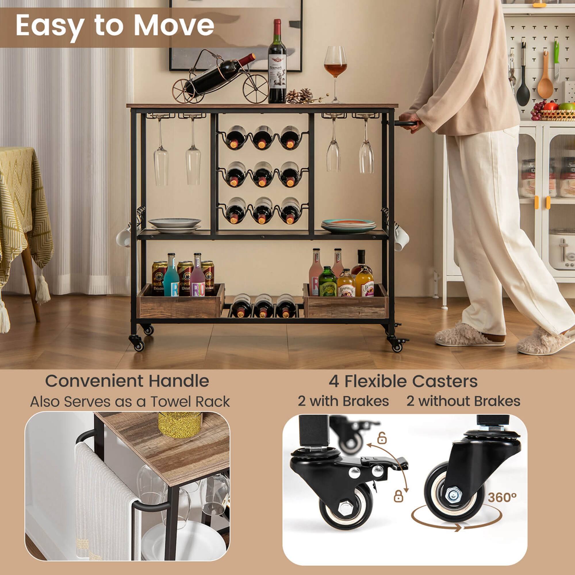 Easy to Move, Convenient Handle, Also Serves as a Towel Rack, 4 Flexible Casters, 2 with Brakes, 2 without Brakes, 360