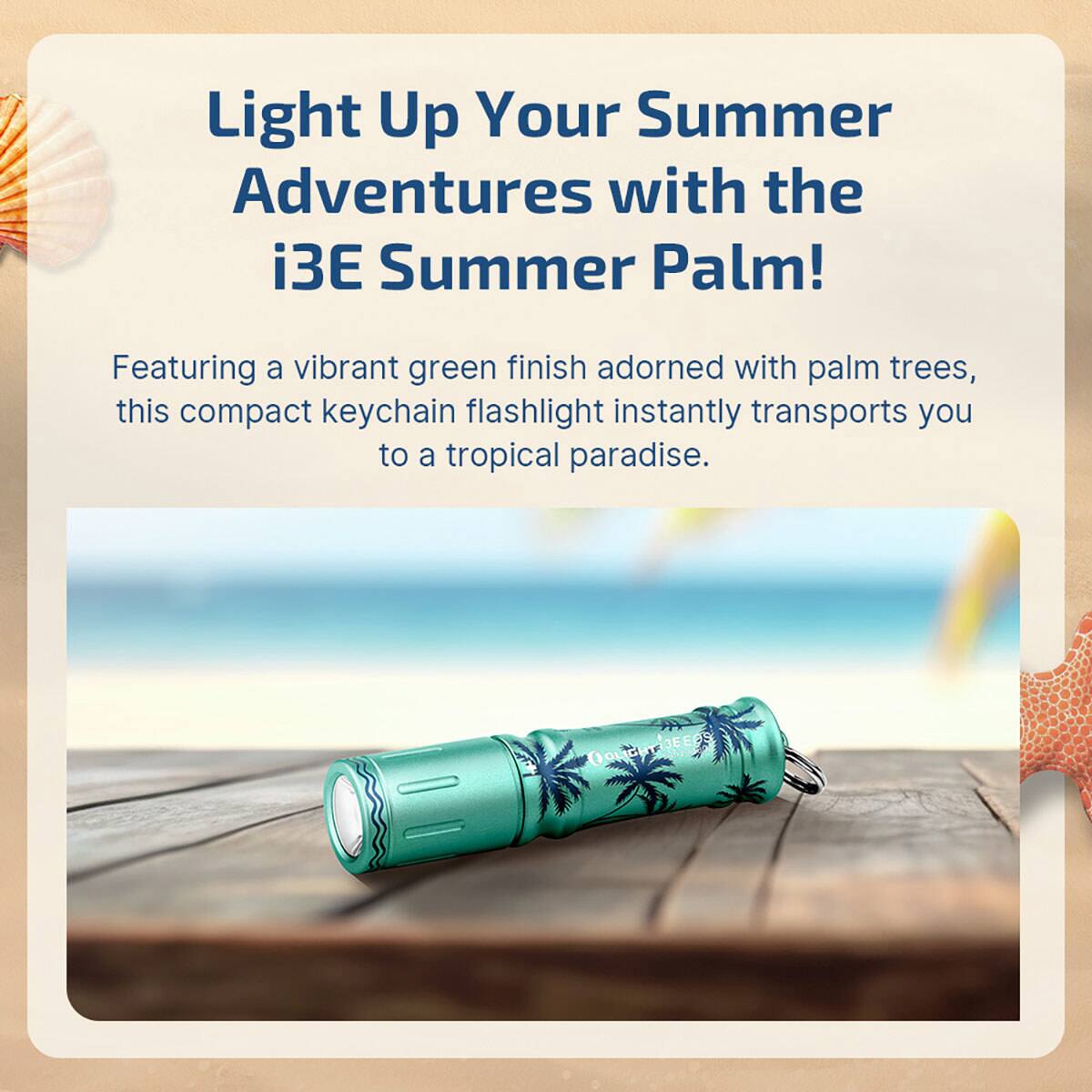 Light Up Your Summer Adventures with the i3E Summer Palm!  
Featuring a vibrant green finish adorned with palm trees, this compact keychain flashlight instantly transports you to a tropical paradise.