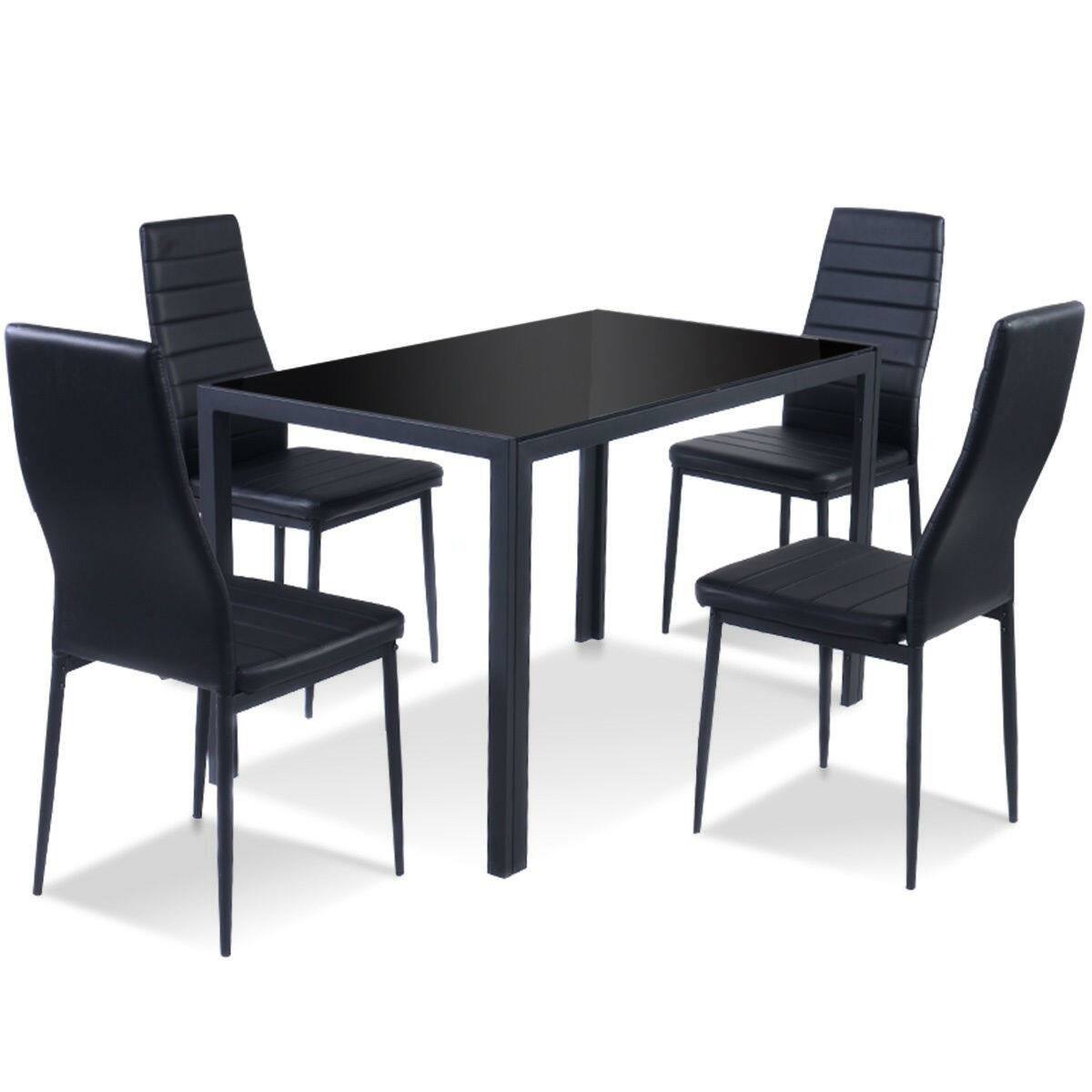 SlickBlue - 5-Piece Glass Top Dining Set with Comfortable Leather Chairs - Black