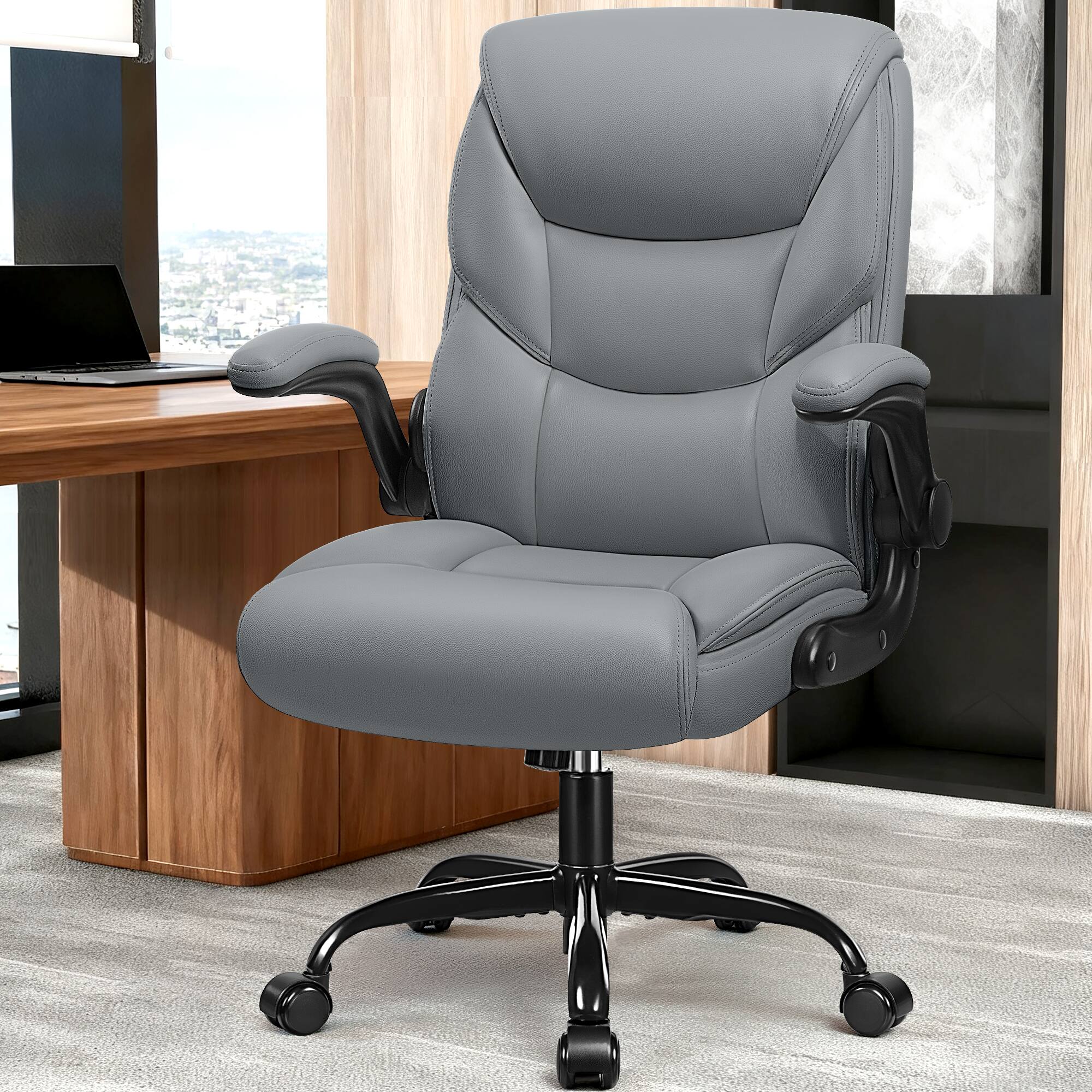 Alt View 4. KERDOM - PU Leather Ergonomic Home Desk Chair, Tilt Swivel Mid Back Computer Chair Adjustable Height, Padded Flip-Up Armrests - Grey.